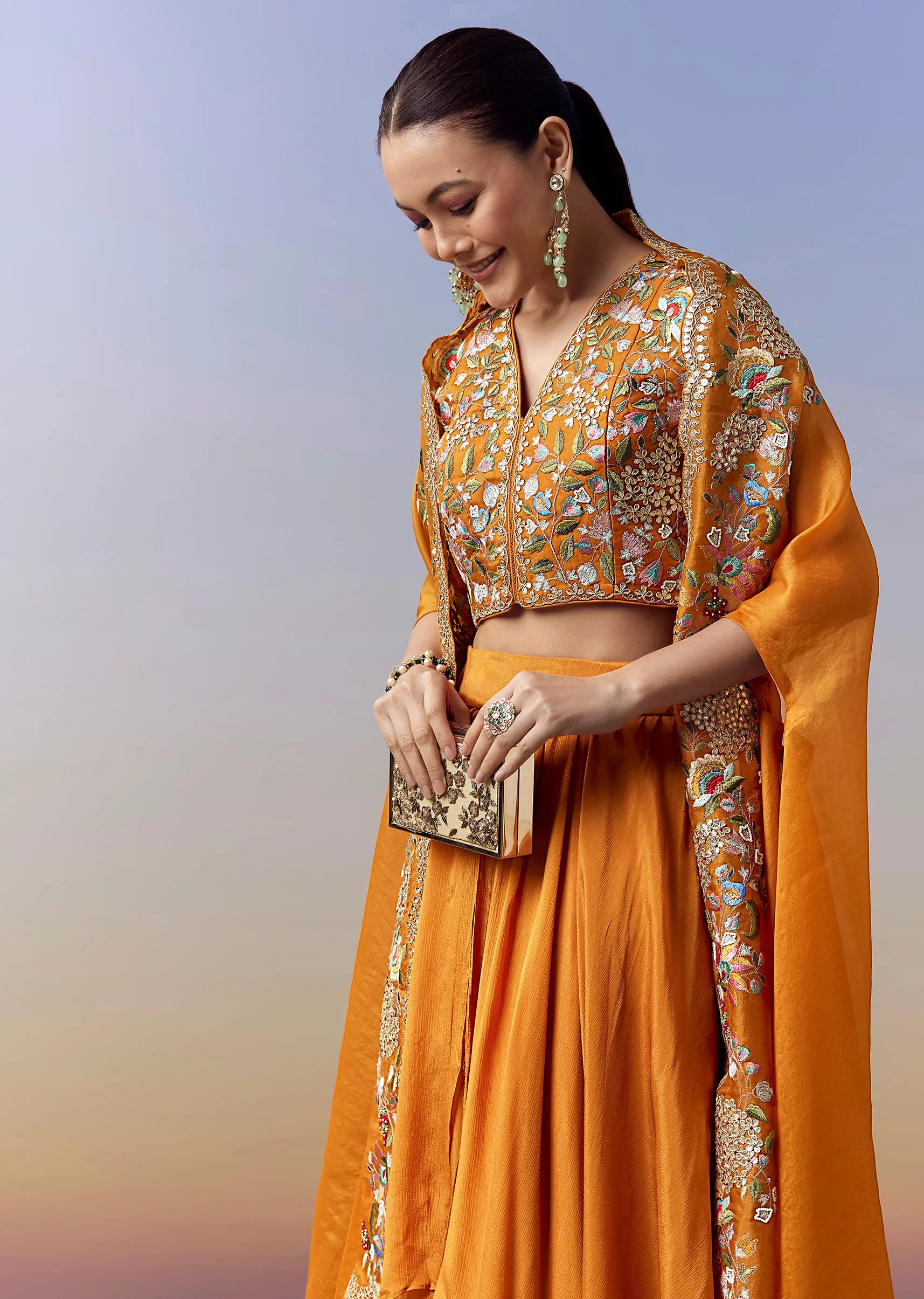 Orange Indo Western Crop Top Skirt Set With Parsi Work And Cape - Image 4