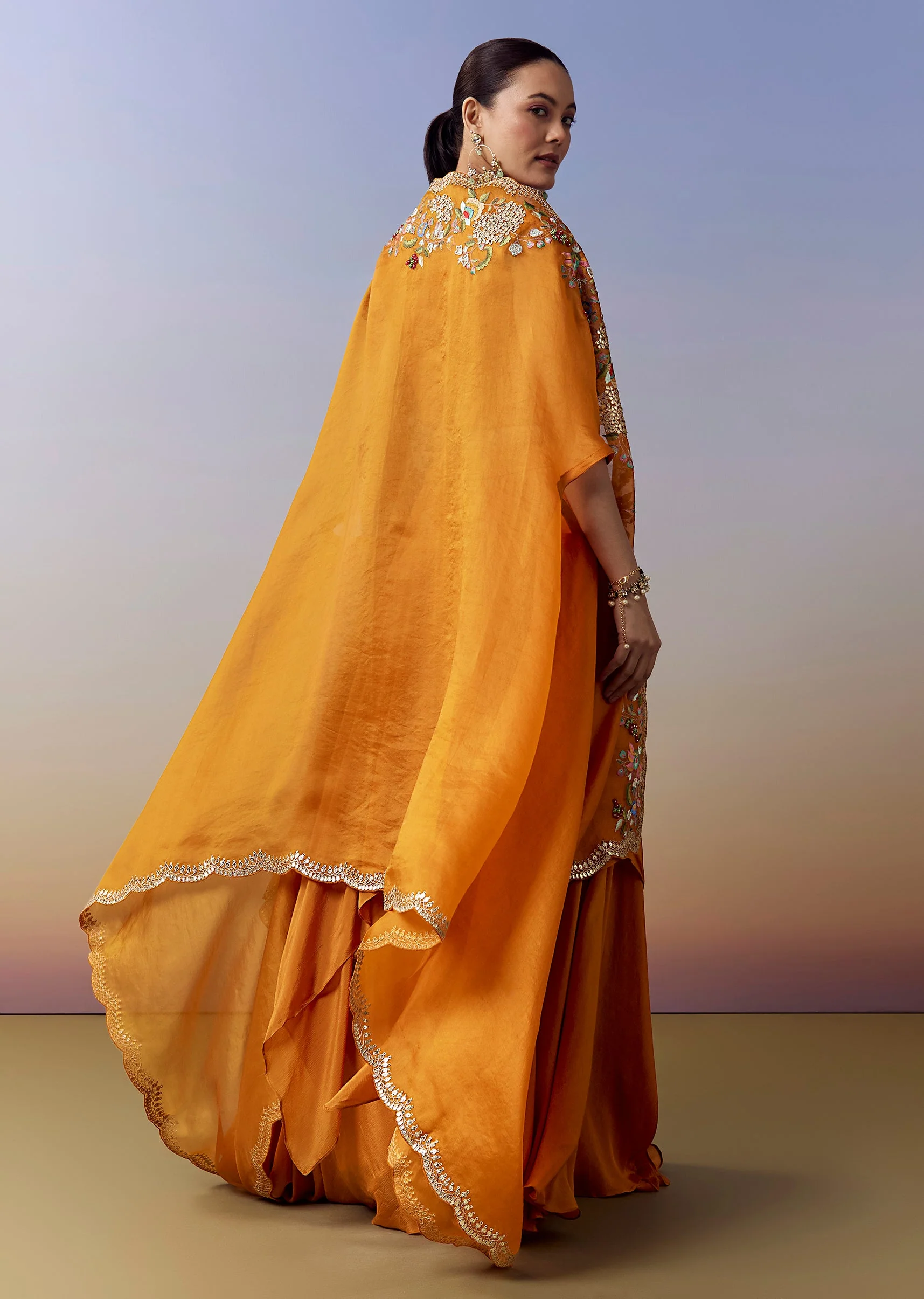Orange Indo Western Crop Top Skirt Set With Parsi Work And Cape - Image 5