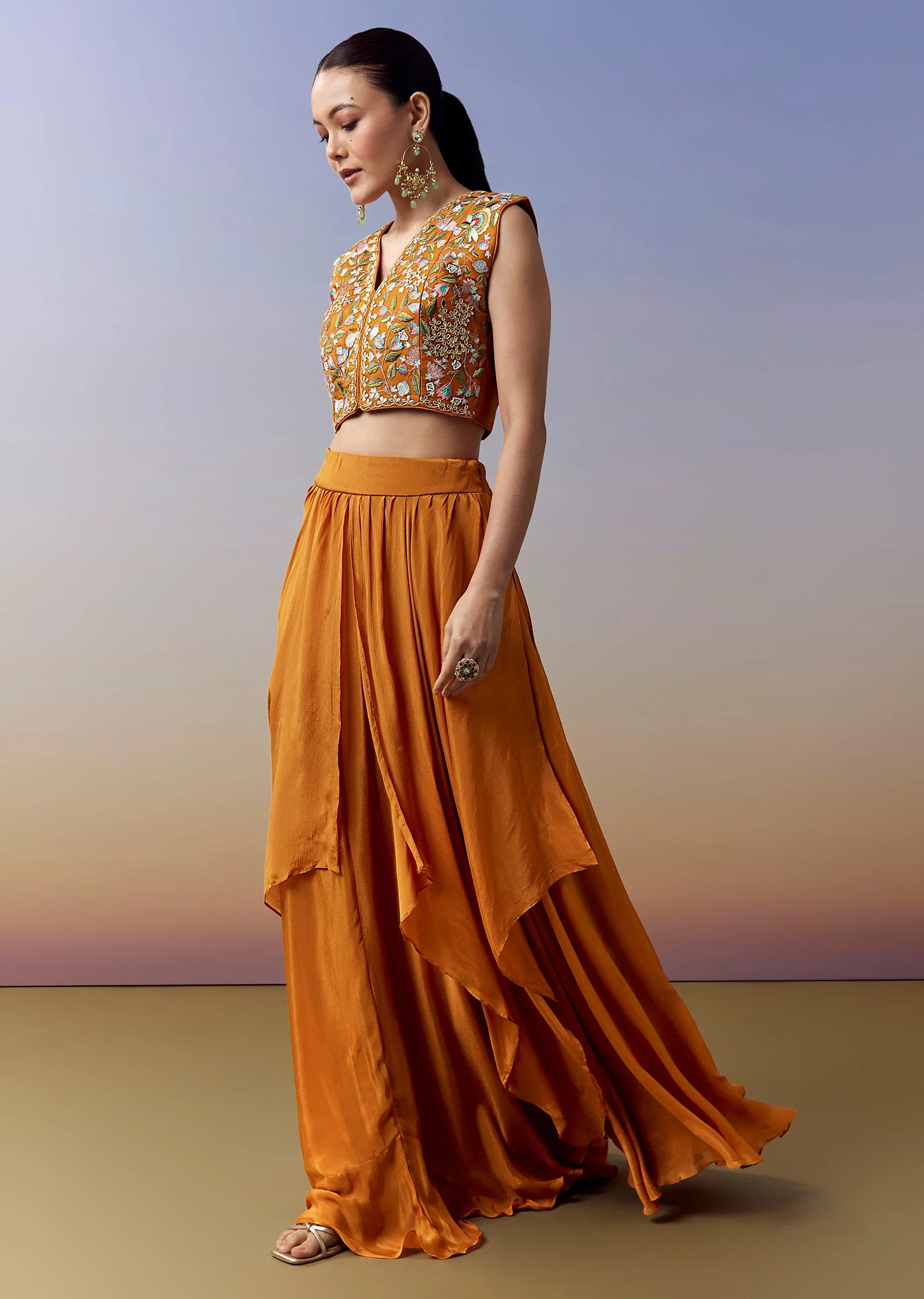 Orange Indo Western Crop Top Skirt Set With Parsi Work And Cape - Image 6
