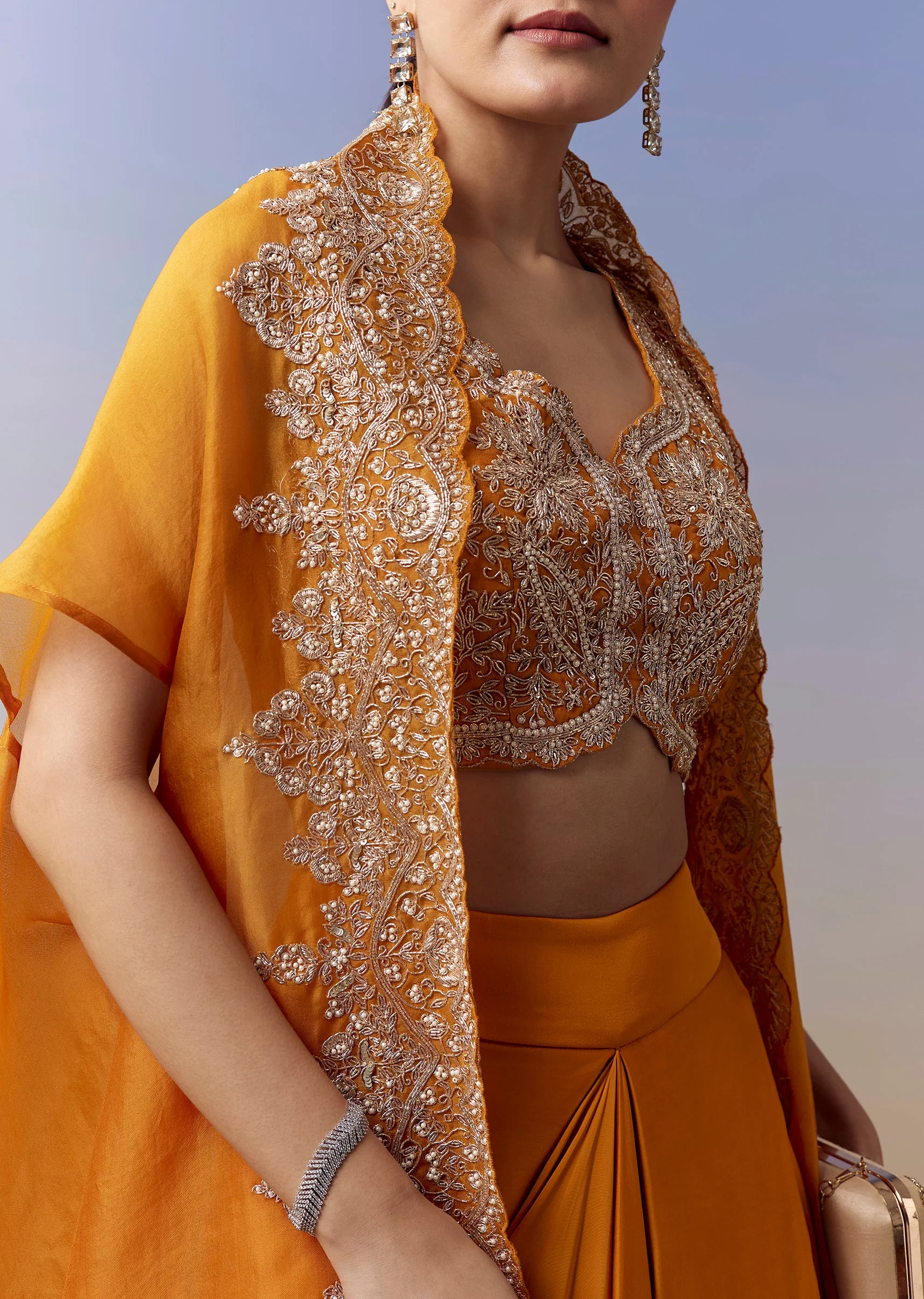 Orange Indo Western Crop Top Skirt Set With Zardosi Work And Organza Cape - Image 2