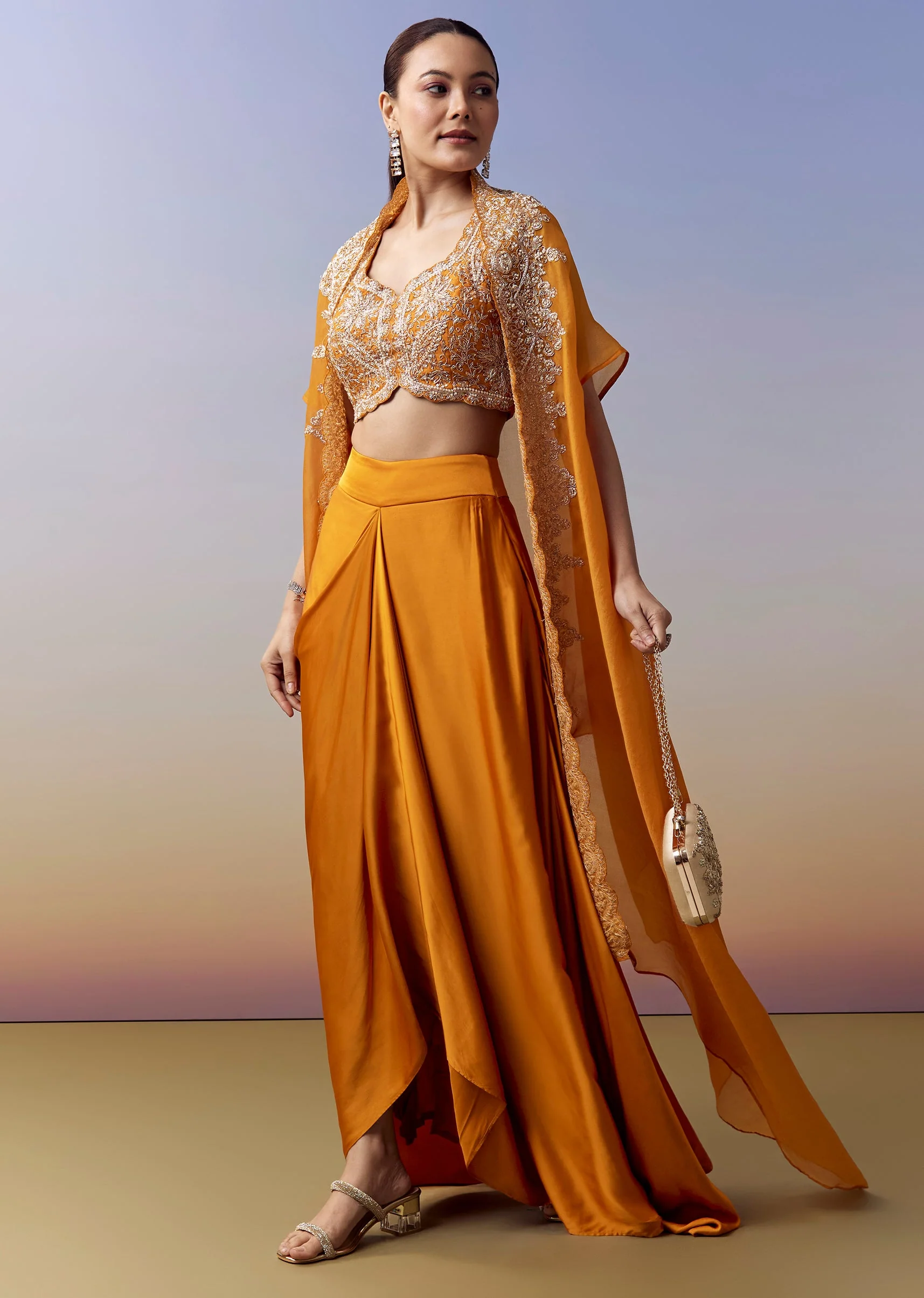 Orange Indo Western Crop Top Skirt Set With Zardosi Work And Organza Cape - Image 3