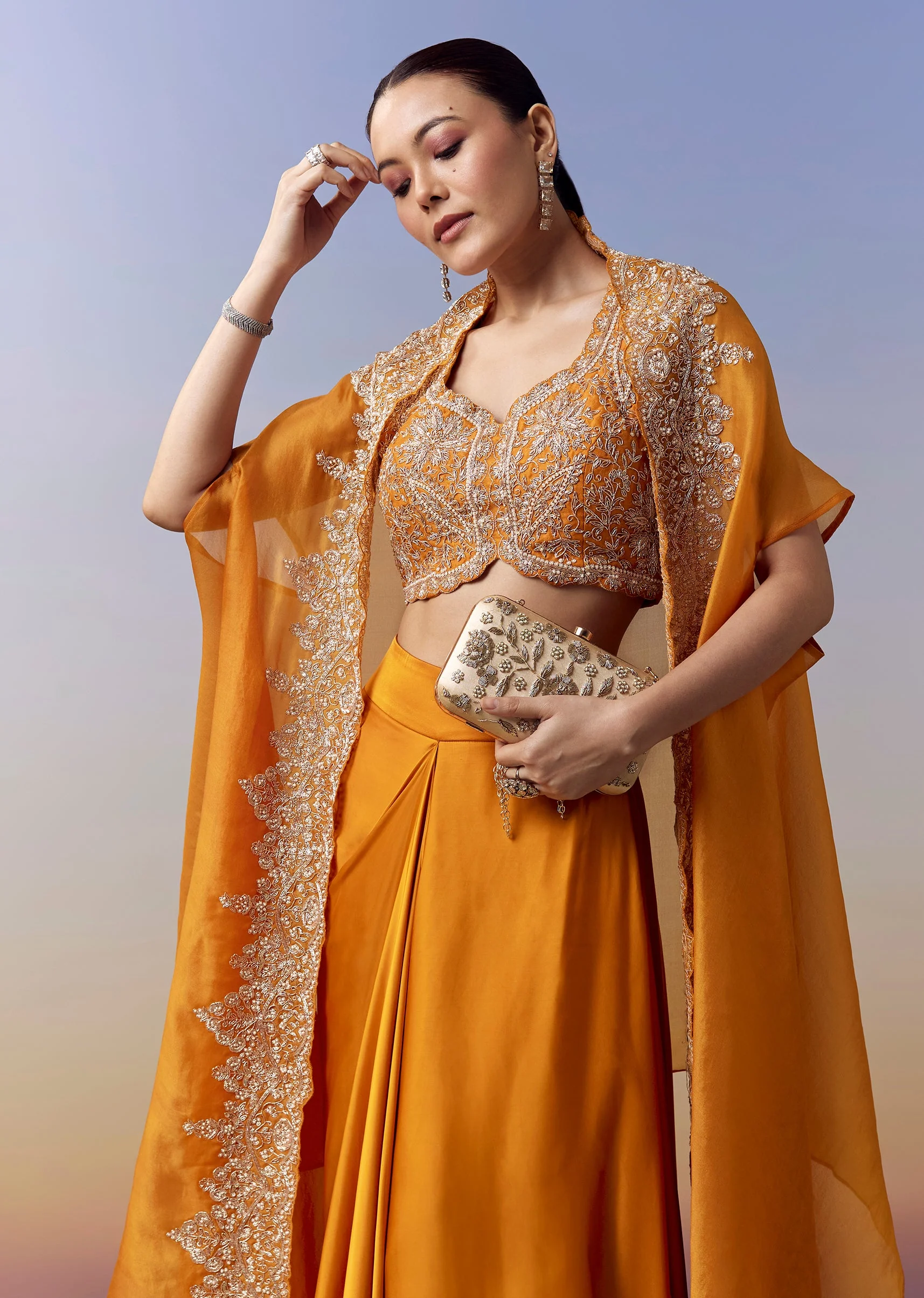 Orange Indo Western Crop Top Skirt Set With Zardosi Work And Organza Cape - Image 4