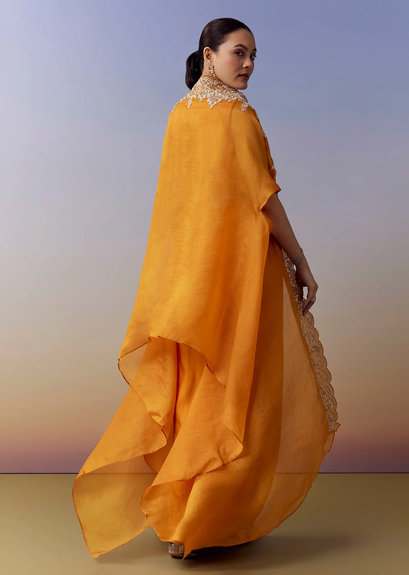 Orange Indo Western Crop Top Skirt Set With Zardosi Work And Organza Cape - Image 5