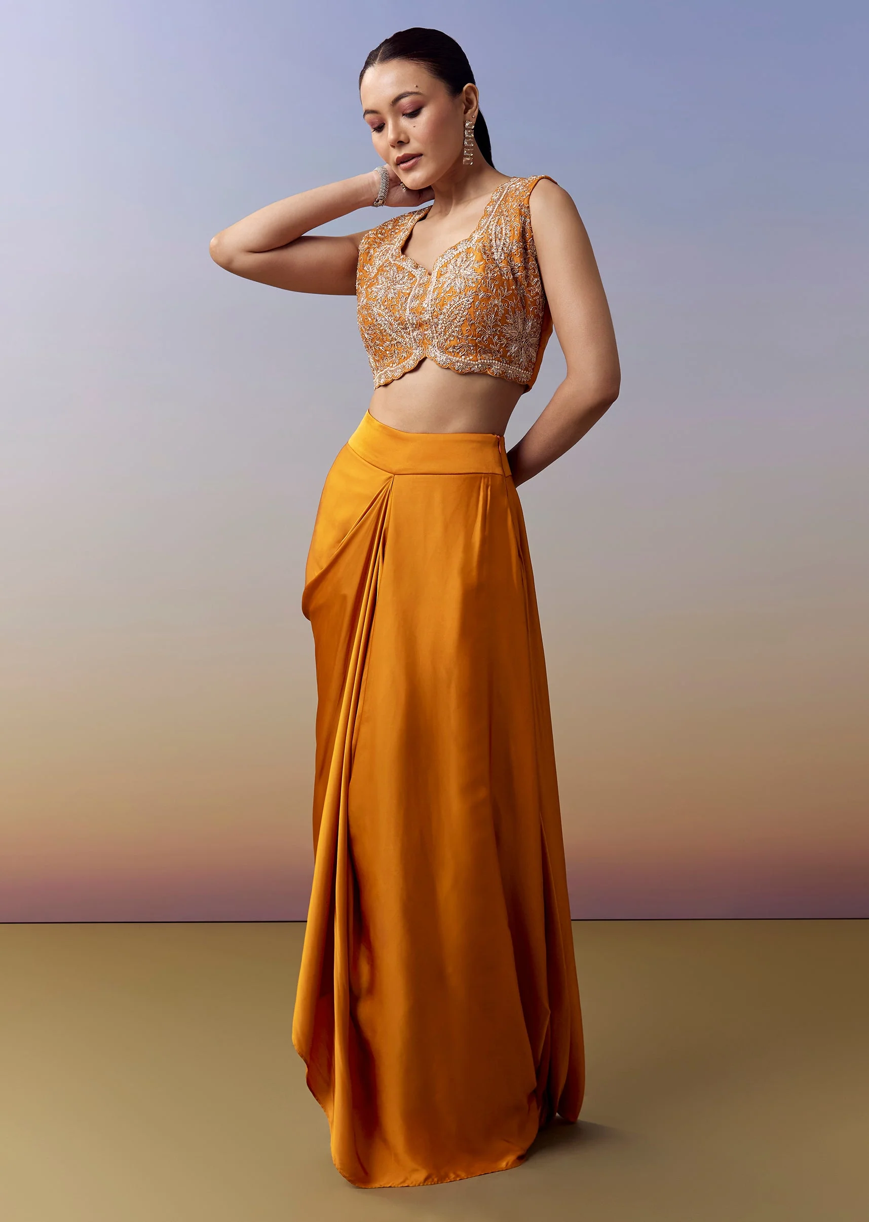 Orange Indo Western Crop Top Skirt Set With Zardosi Work And Organza Cape - Image 6