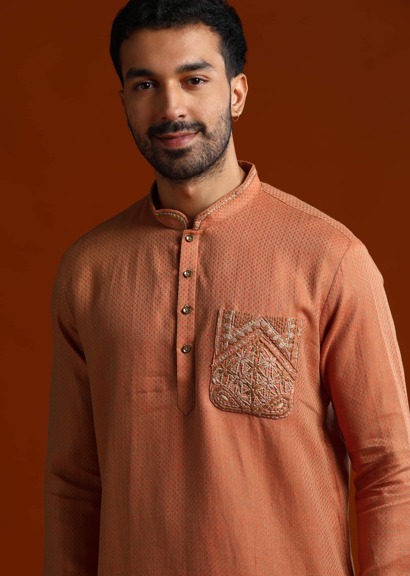 Orange Kurta Set For Men With Resham Work - Image 2