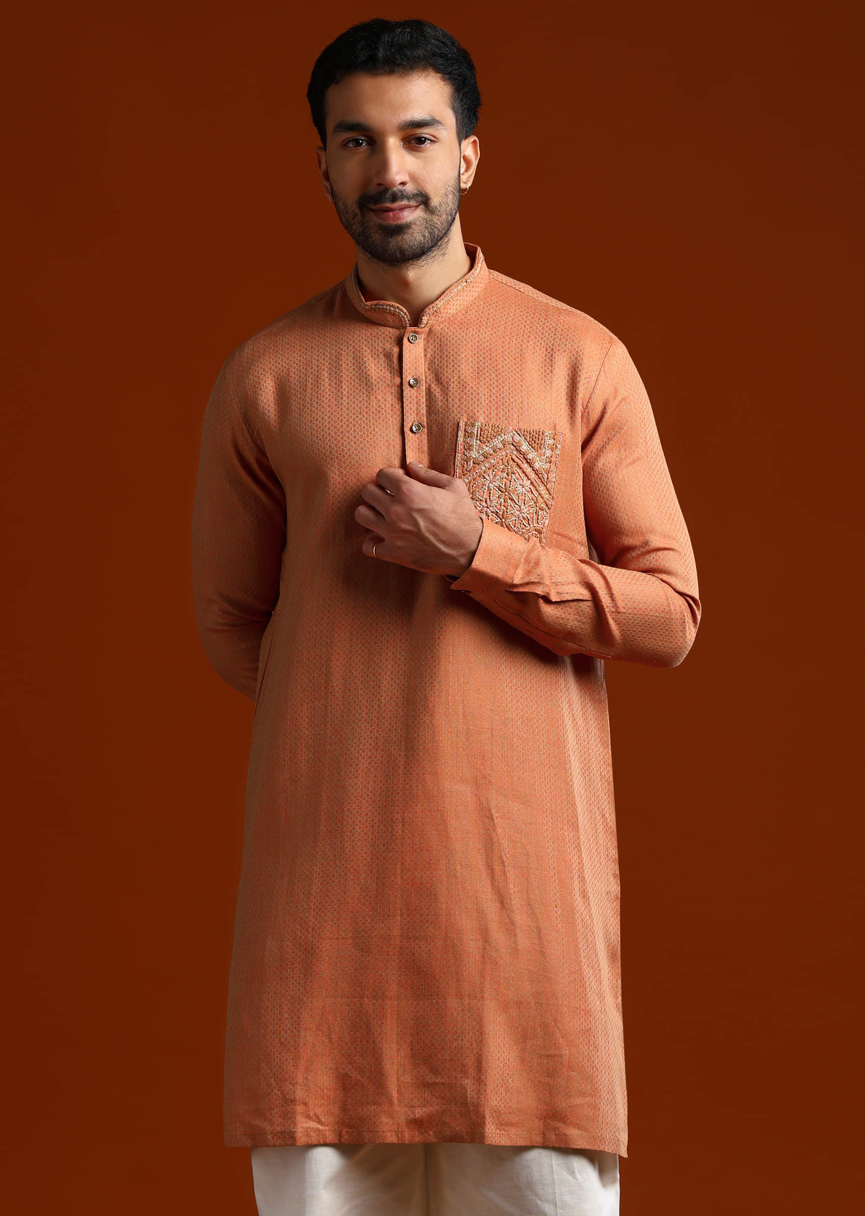 Orange Kurta Set For Men With Resham Work - Image 4