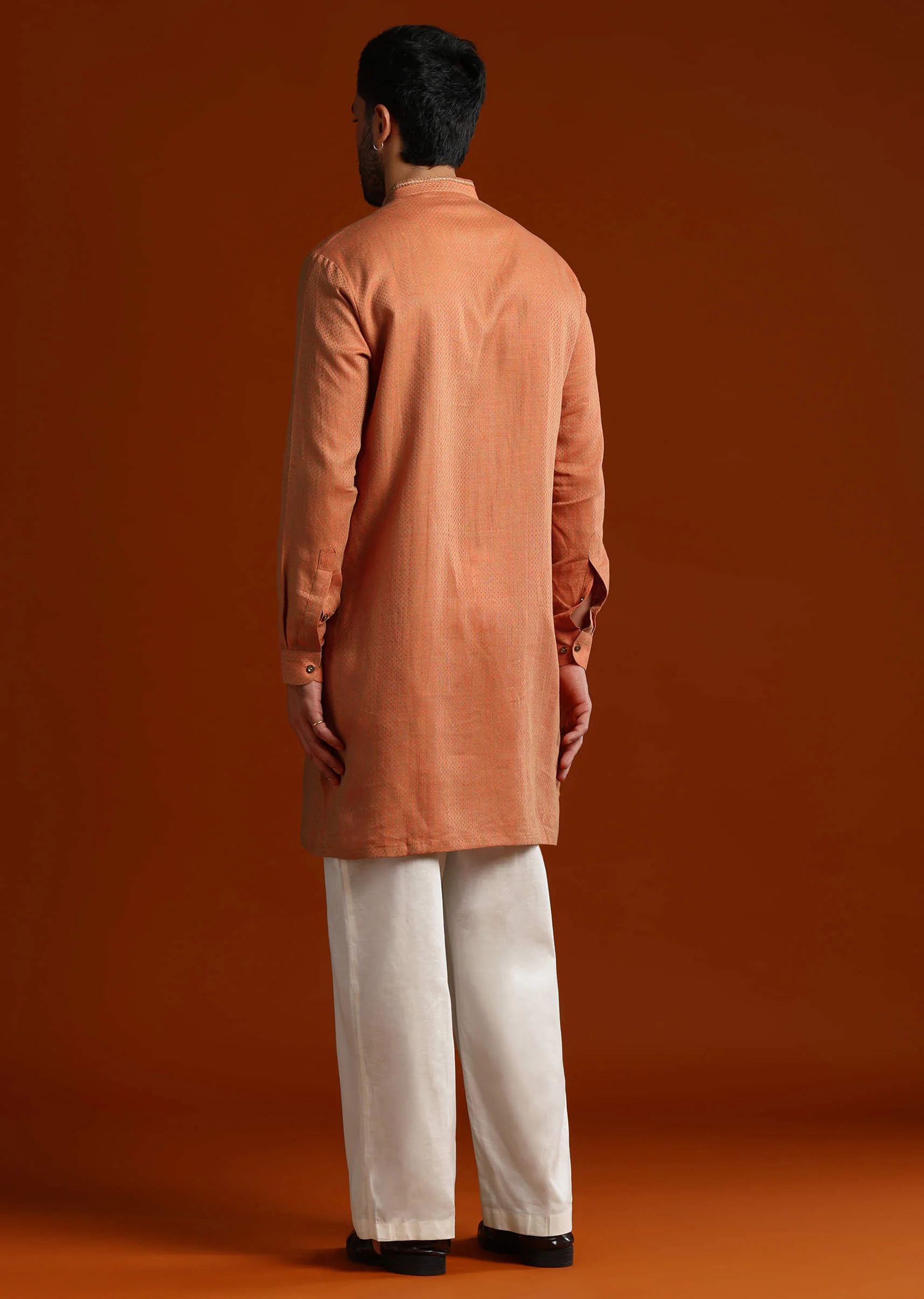 Orange Kurta Set For Men With Resham Work - Image 5