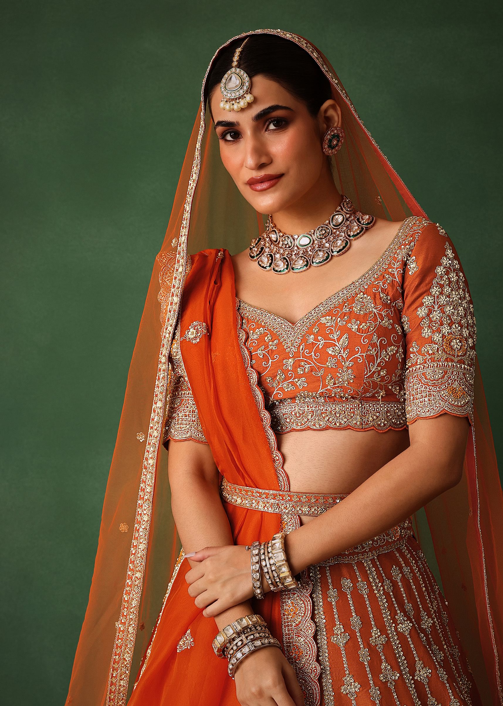Orange Lehenga Set In Raw Silk With Hand Embroidered Motifs - Image 2