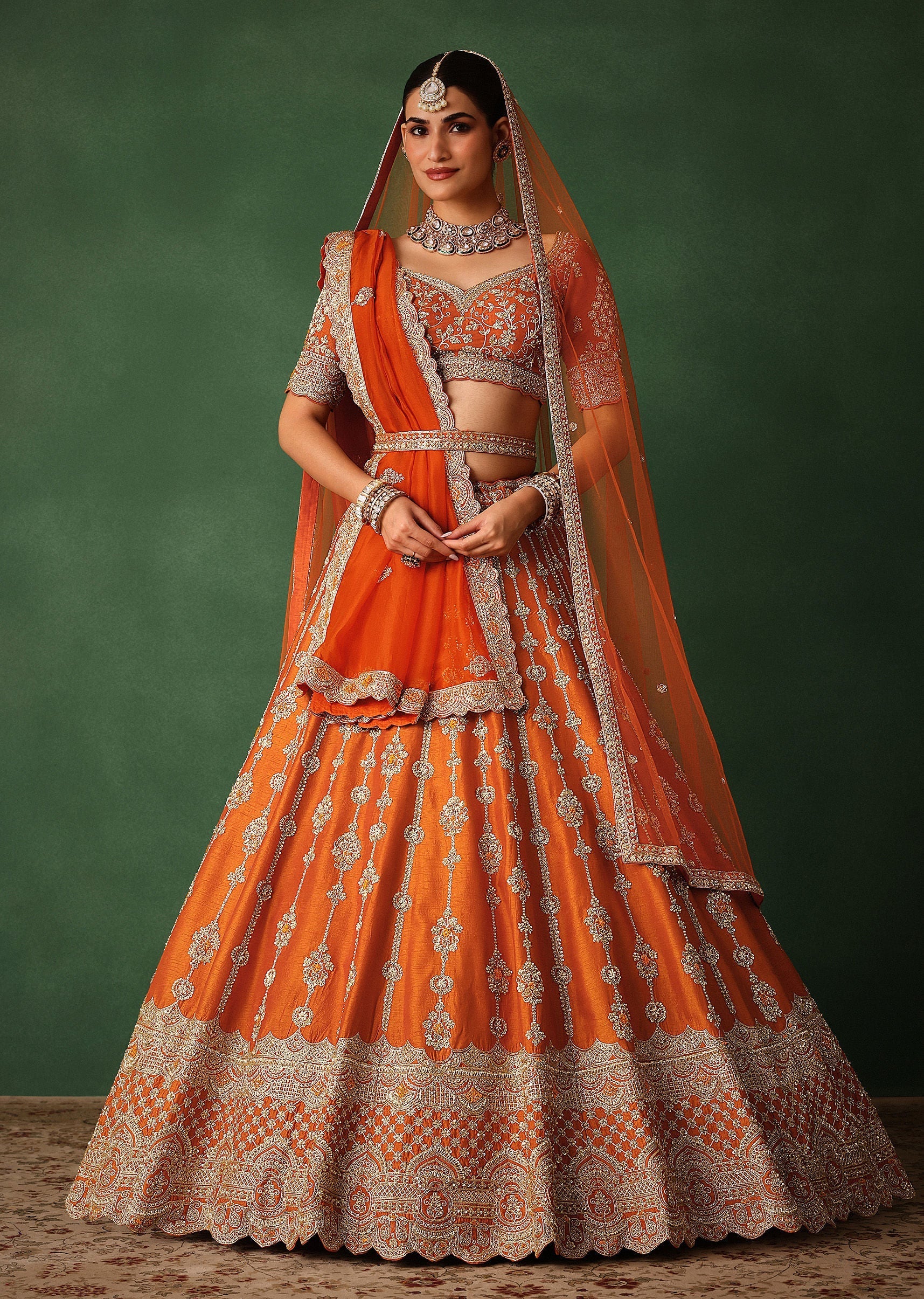 Orange Lehenga Set In Raw Silk With Hand Embroidered Motifs - Image 4
