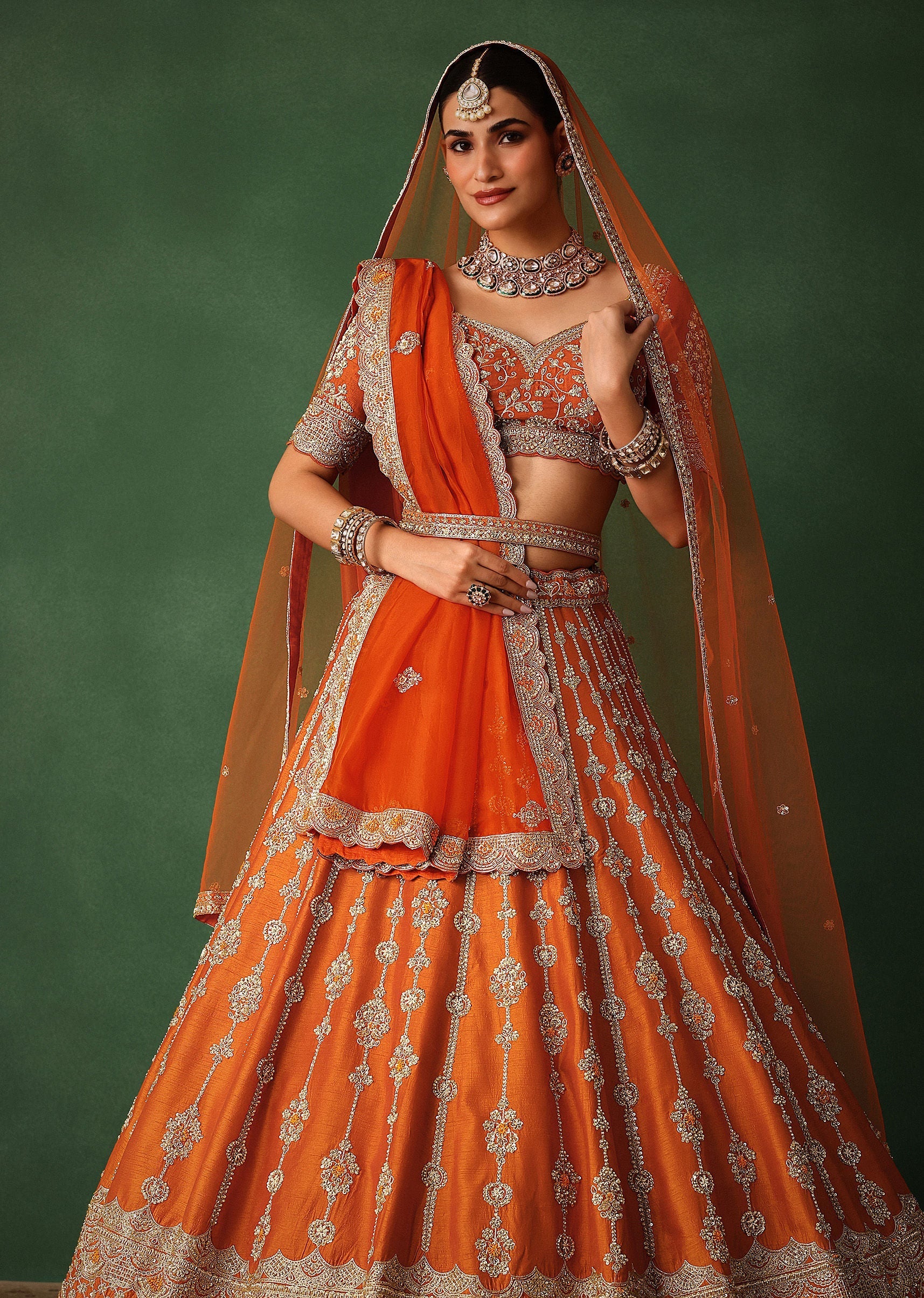 Orange Lehenga Set In Raw Silk With Hand Embroidered Motifs - Image 5
