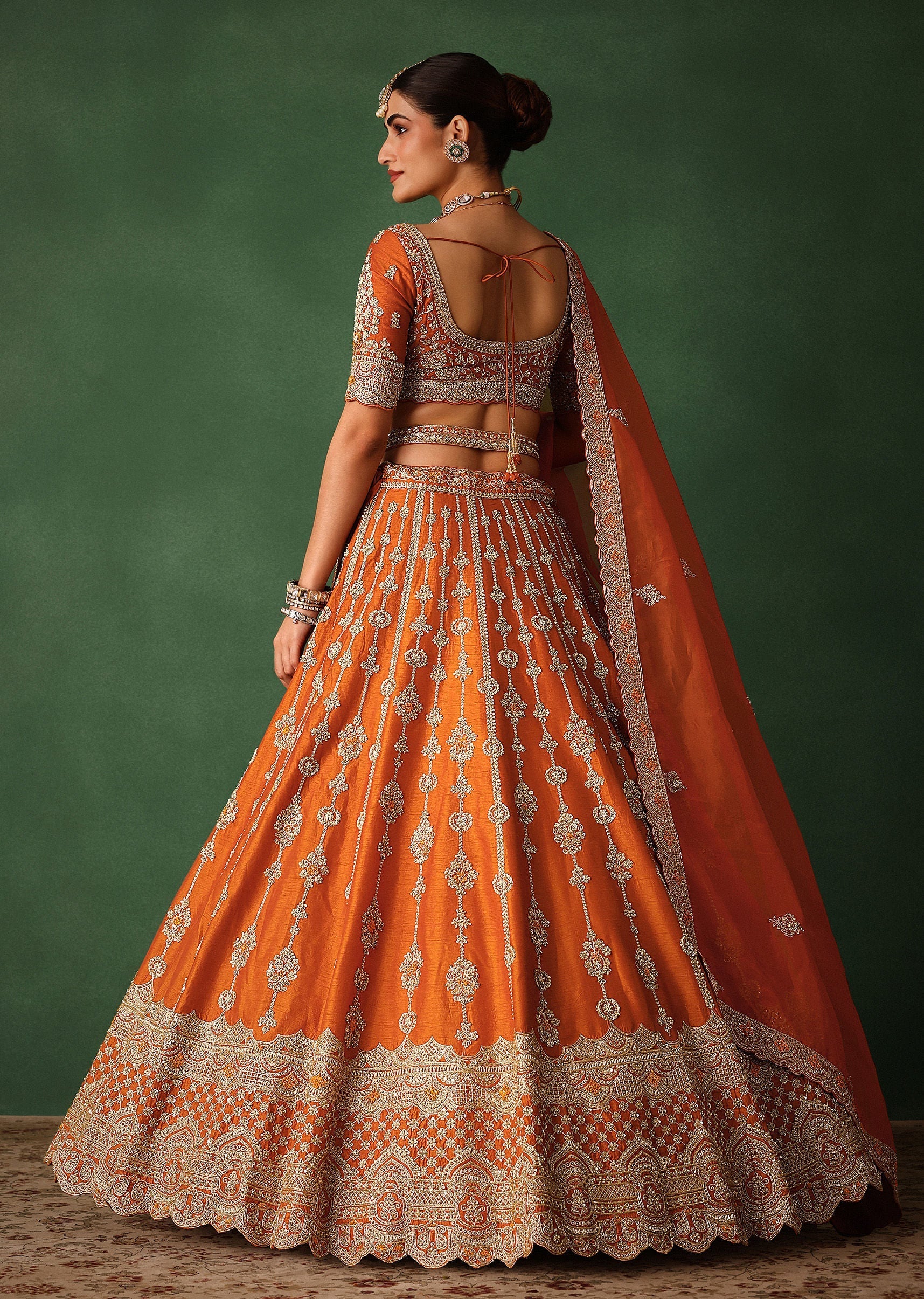 Orange Lehenga Set In Raw Silk With Hand Embroidered Motifs - Image 6