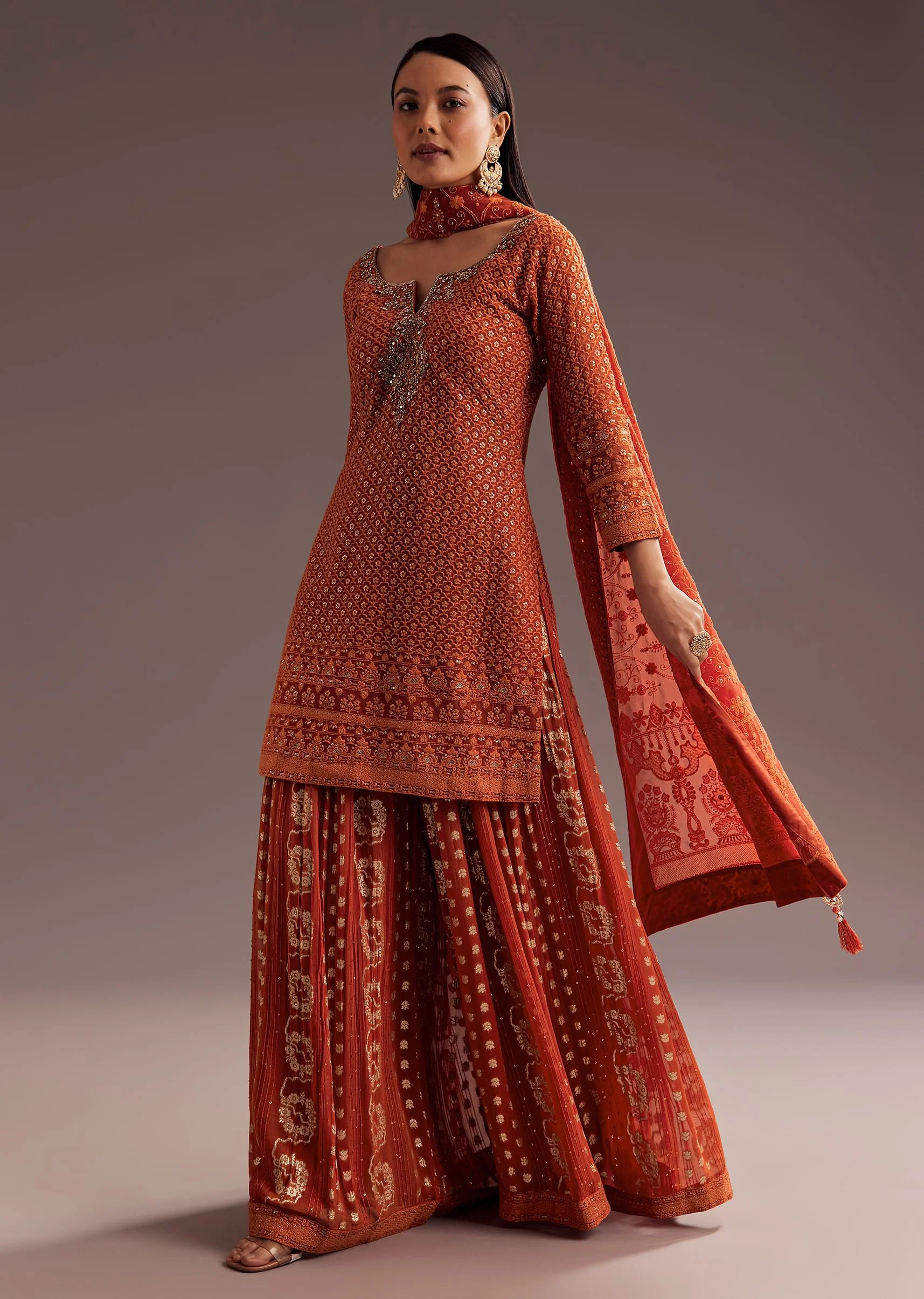 Orange Lucknowi Mirror Zardosi Kurta Palazzo Dupatta Set - Image 2