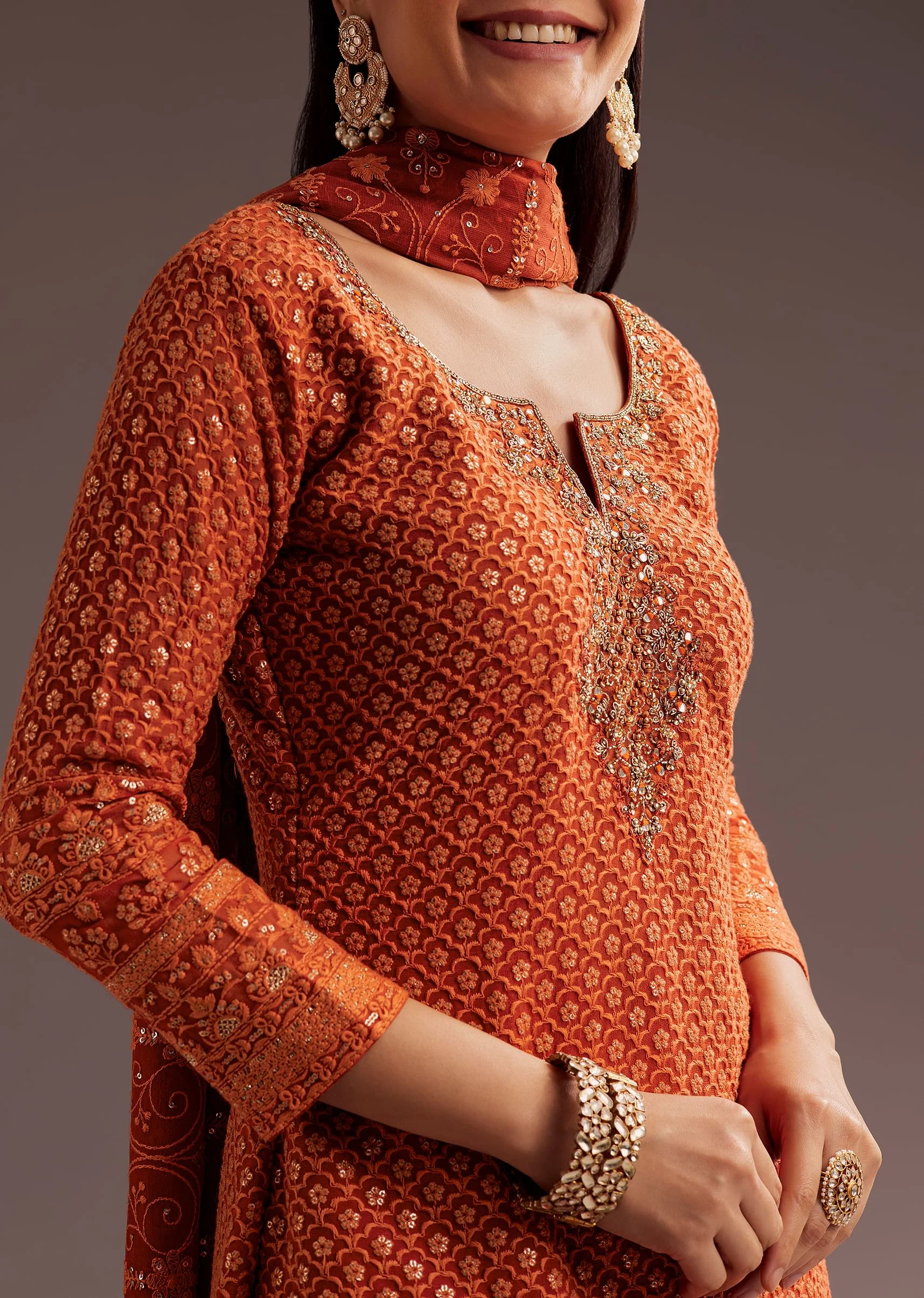 Orange Lucknowi Mirror Zardosi Kurta Palazzo Dupatta Set - Image 3