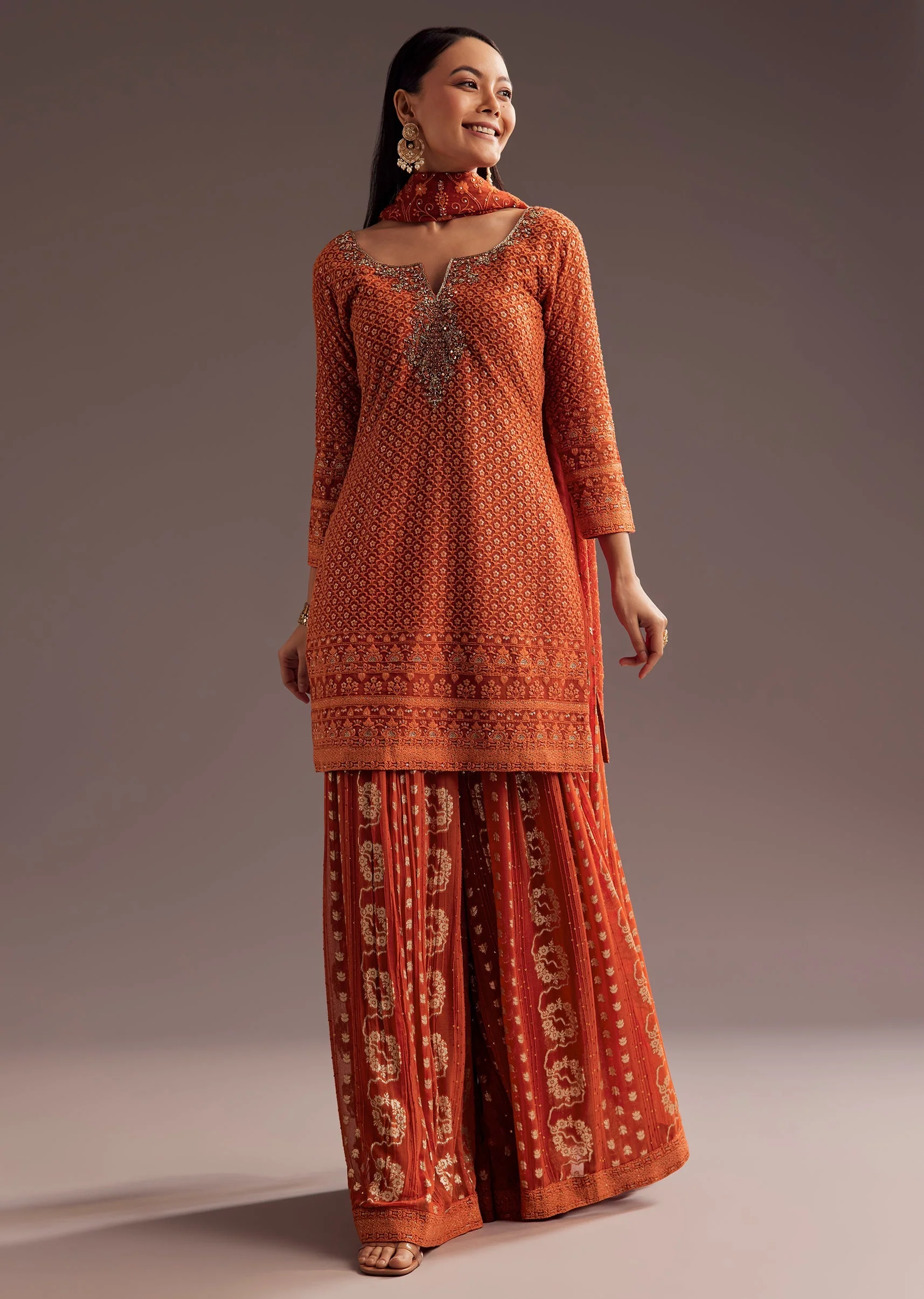 Orange Lucknowi Mirror Zardosi Kurta Palazzo Dupatta Set - Image 4