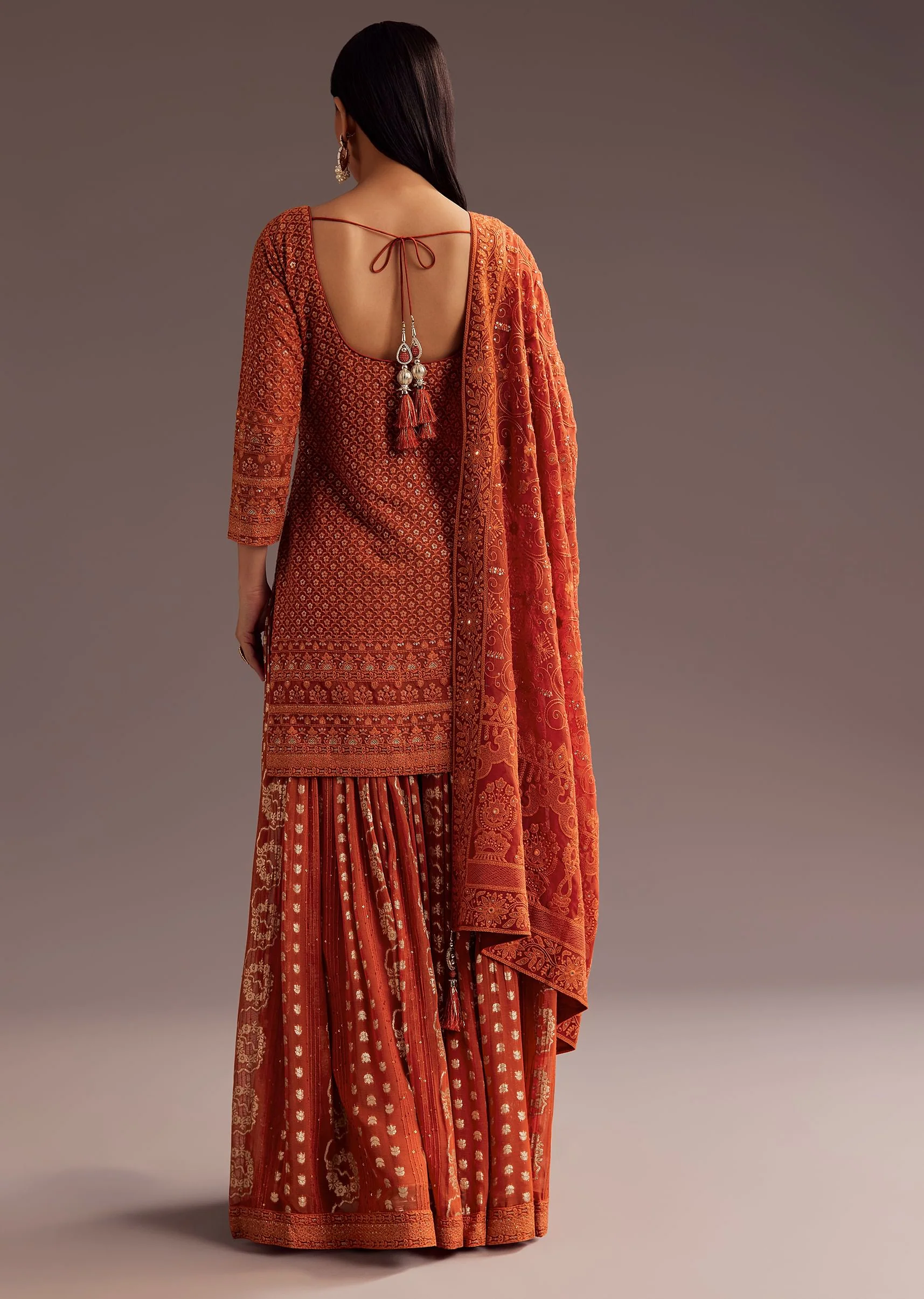 Orange Lucknowi Mirror Zardosi Kurta Palazzo Dupatta Set - Image 5