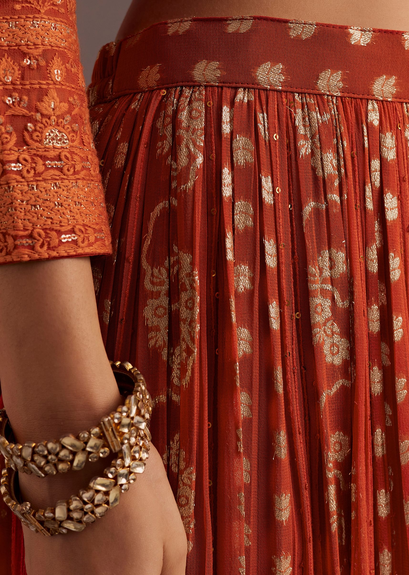 Orange Lucknowi Mirror Zardosi Kurta Palazzo Dupatta Set - Image 6