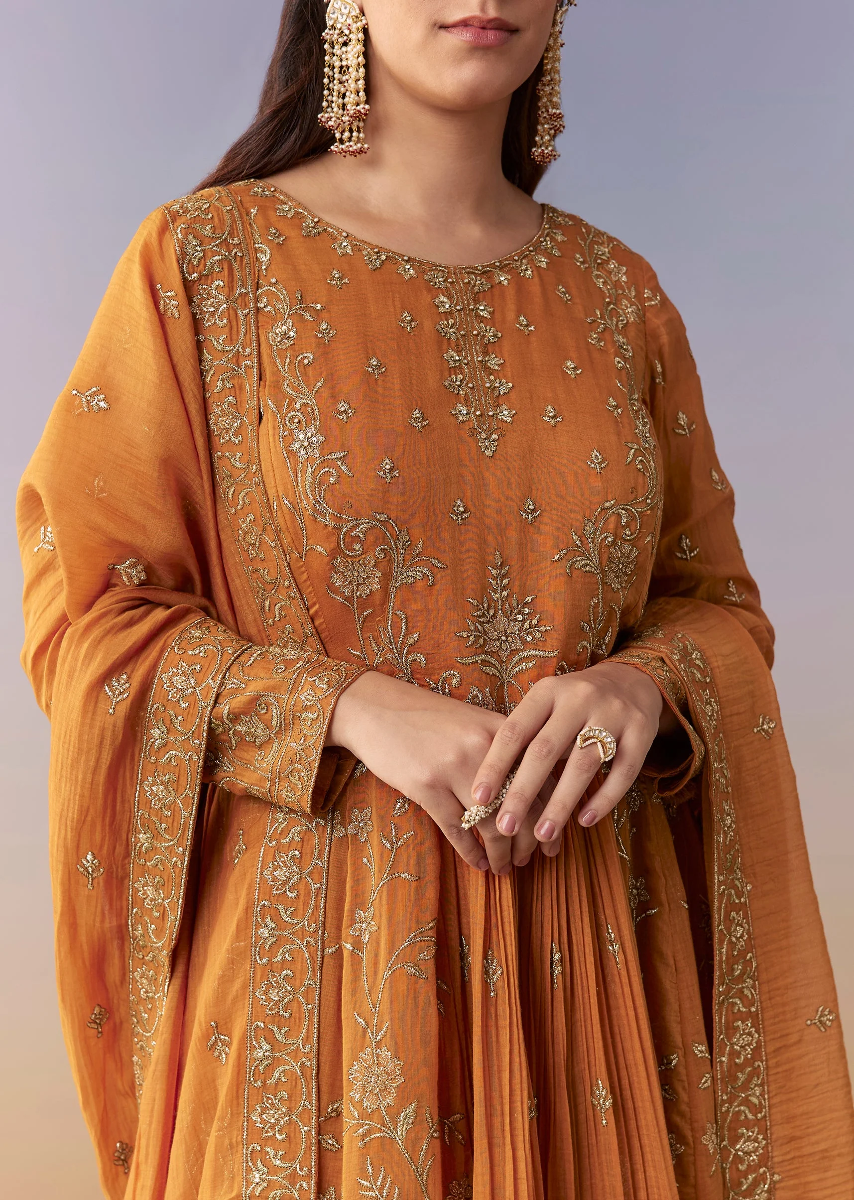 Orange Metallic Embroidered Anarkali Suit Set With Pant And Dupatta - Image 2
