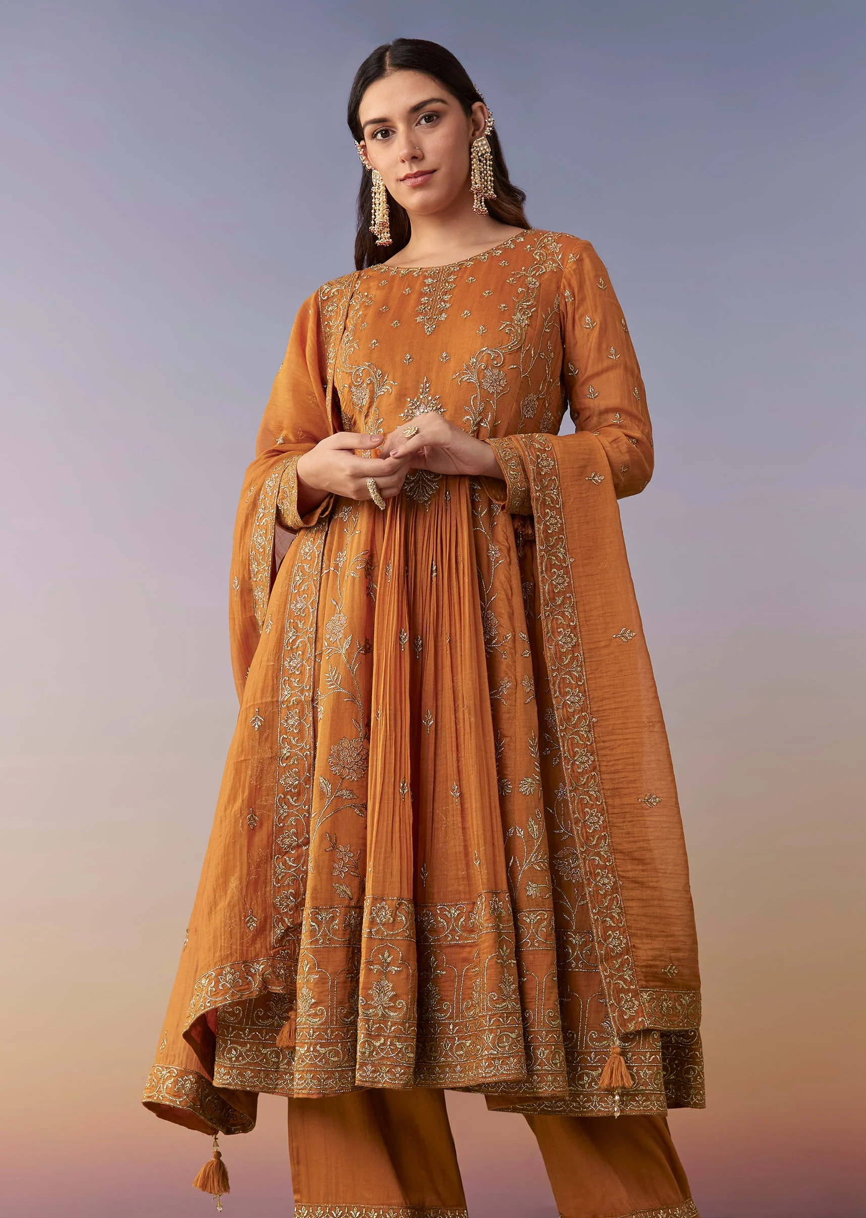 Orange Metallic Embroidered Anarkali Suit Set With Pant And Dupatta - Image 4