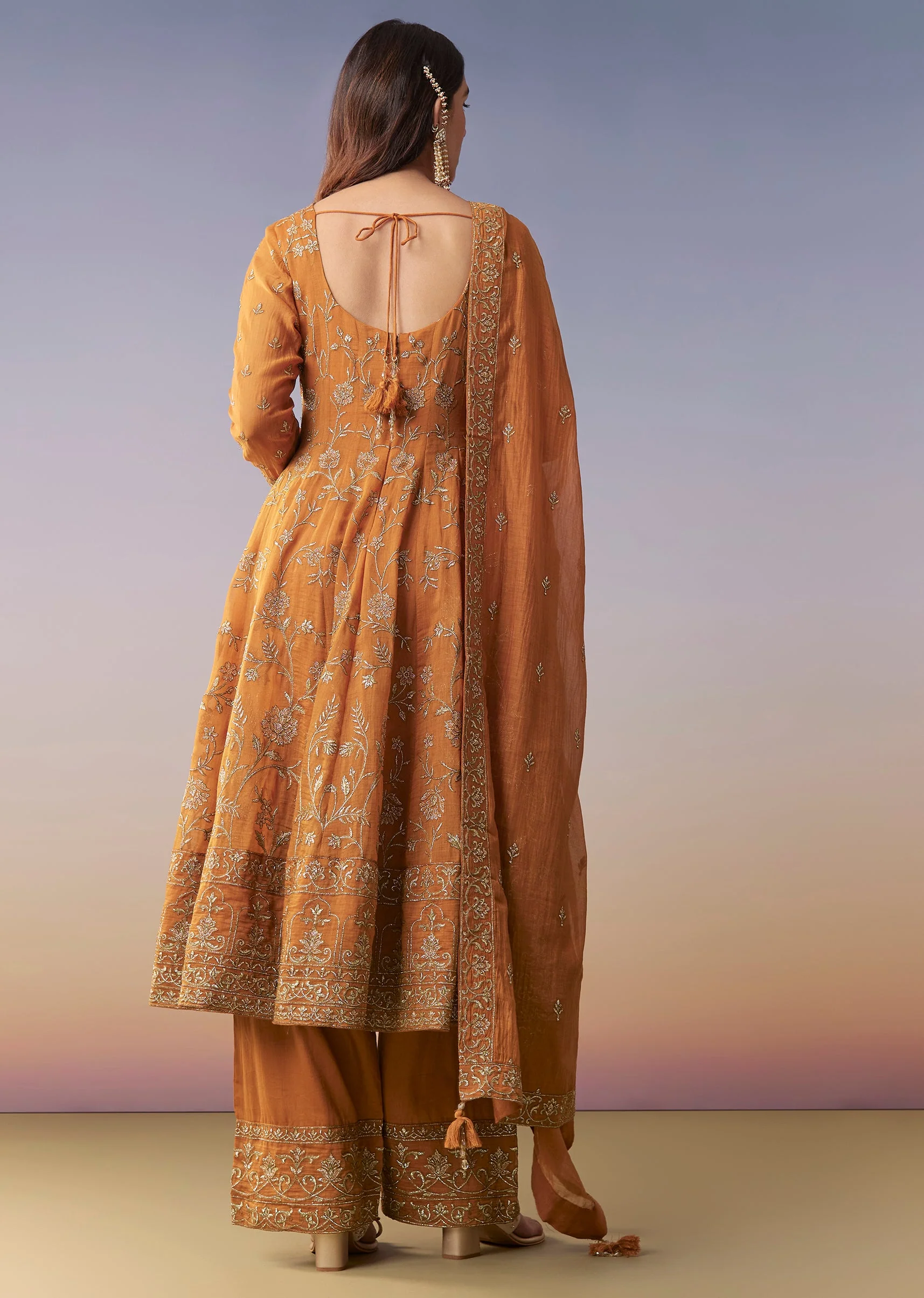 Orange Metallic Embroidered Anarkali Suit Set With Pant And Dupatta - Image 5