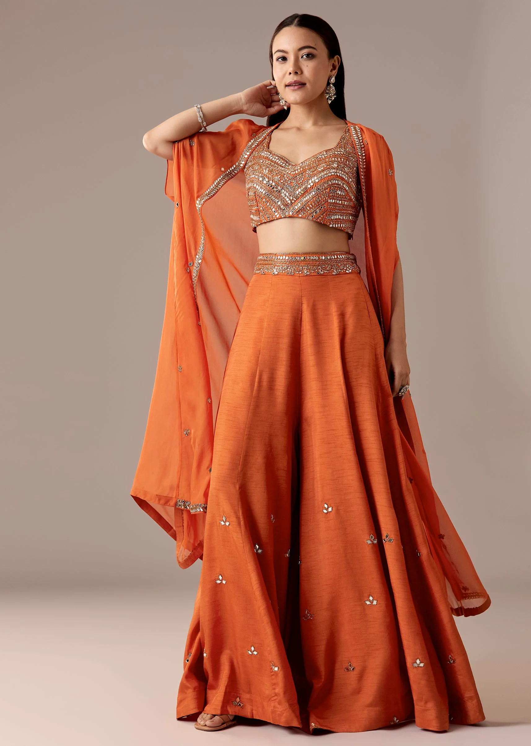 Orange Mirrorwork Cape Palazzo Set - Image 3
