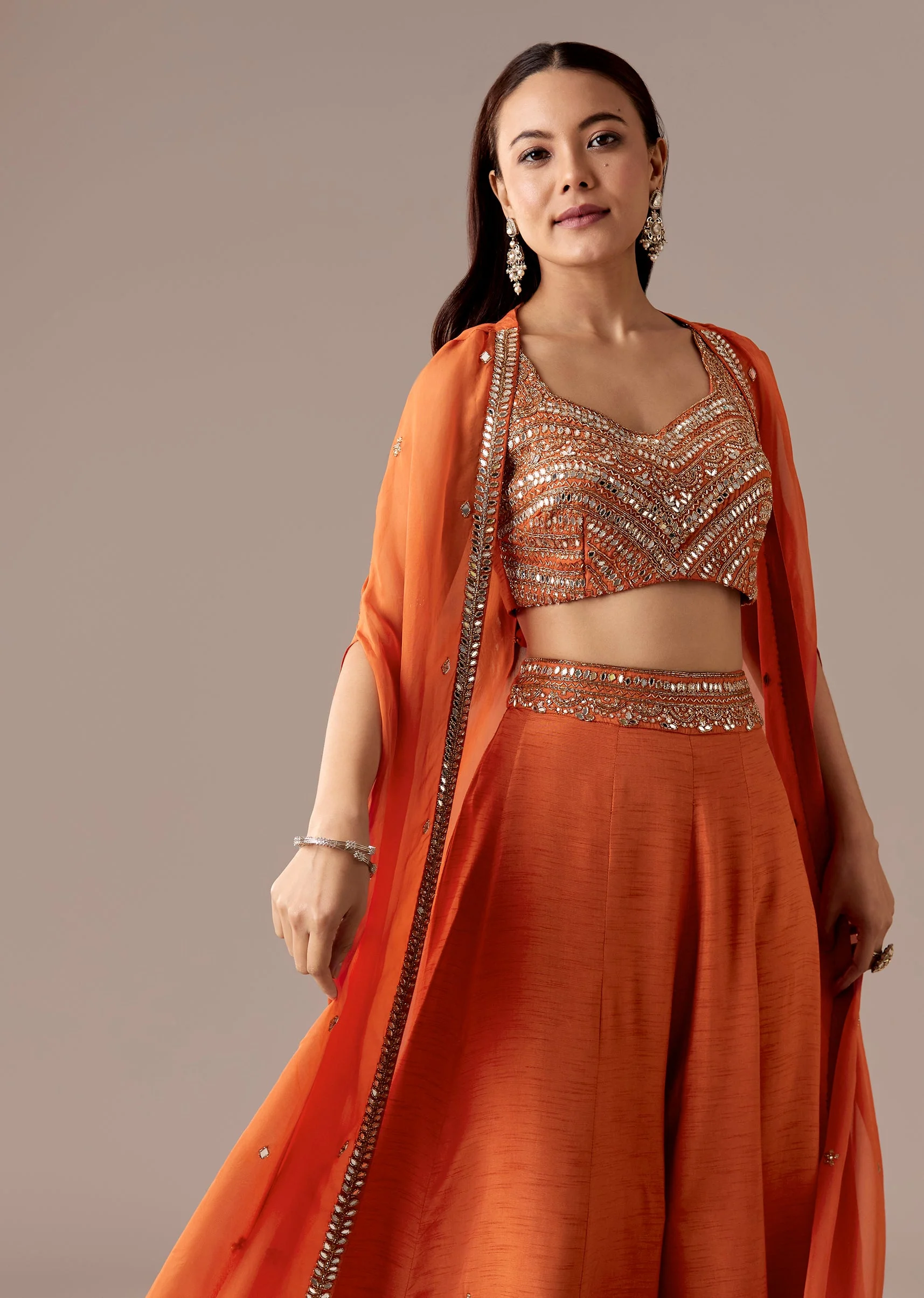 Orange Mirrorwork Cape Palazzo Set - Image 4