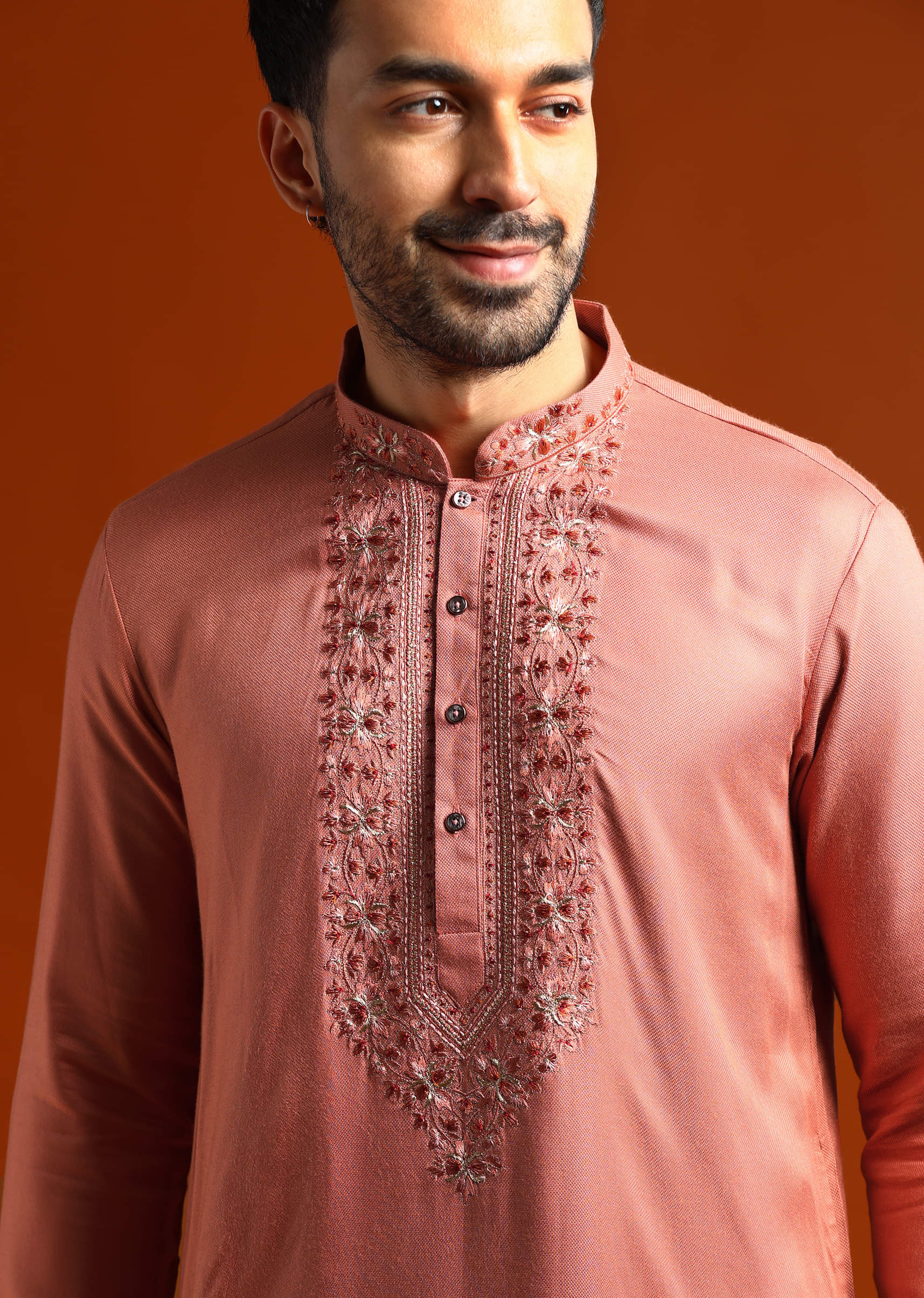 Orange Modal Kurta Set For Men With Thread Work - Image 2