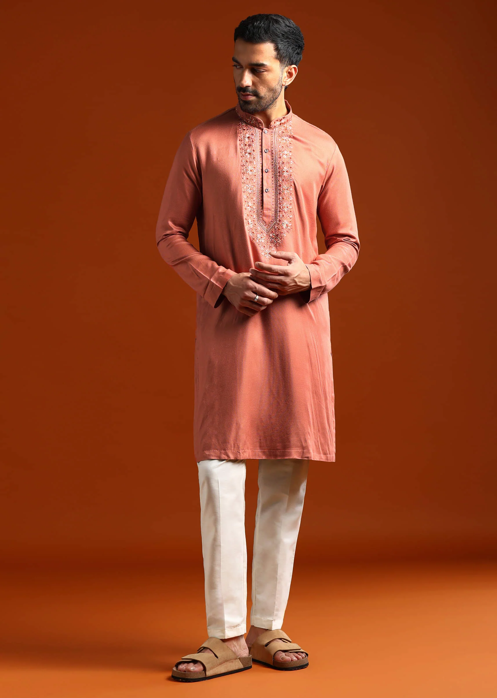 Orange Modal Kurta Set For Men With Thread Work - Image 3
