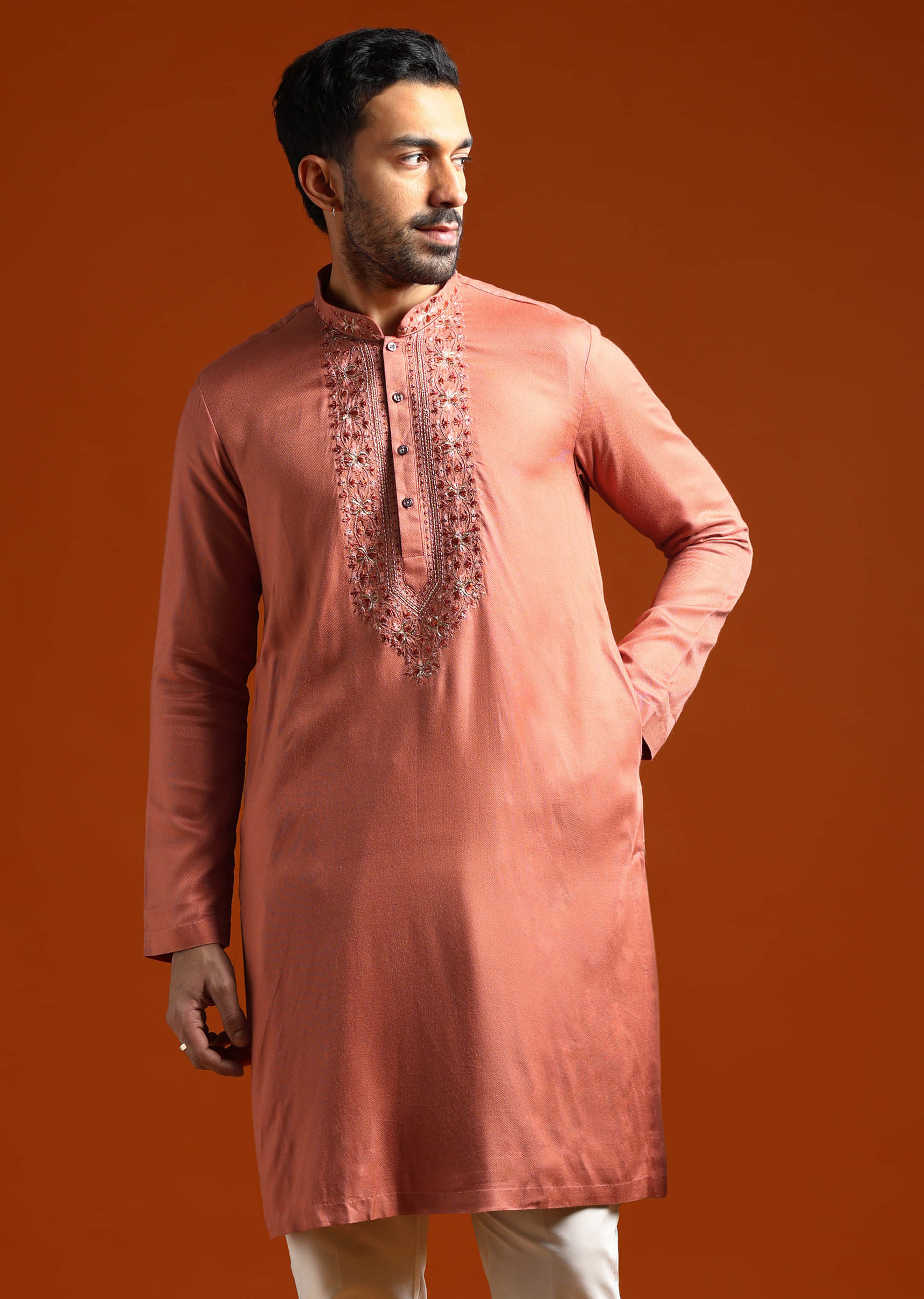 Orange Modal Kurta Set For Men With Thread Work - Image 4