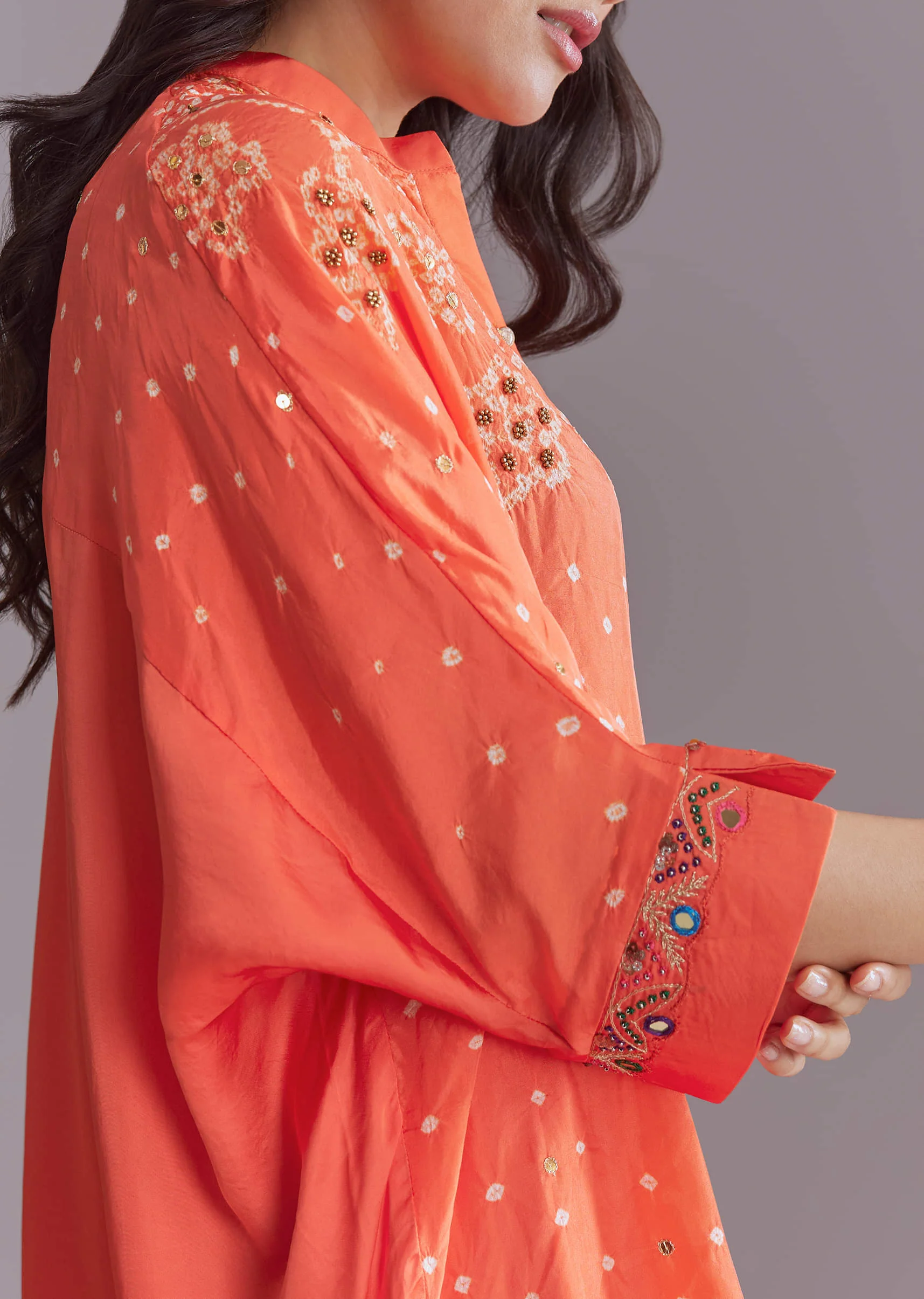 Orange Modal Silk Co-Ord Set With Authentic Bandhani And Leheriya Print - Image 2