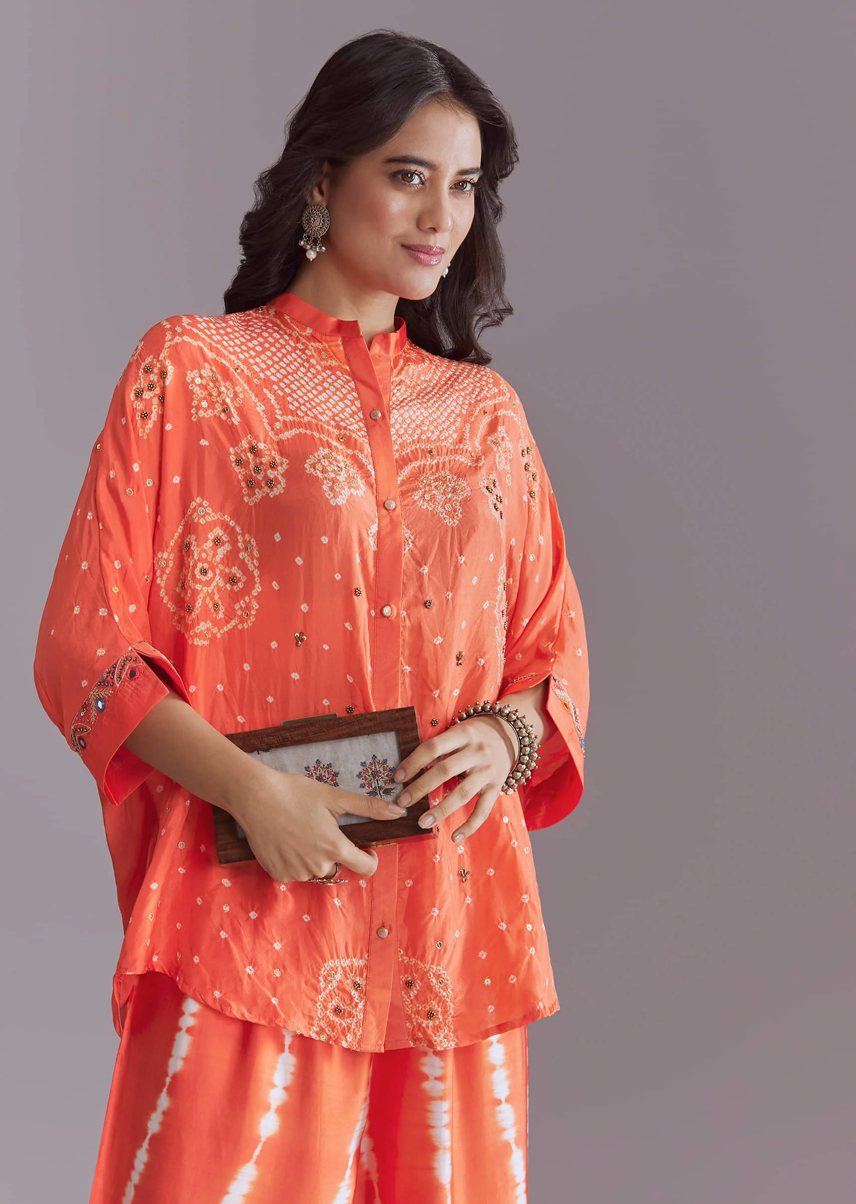 Orange Modal Silk Co-Ord Set With Authentic Bandhani And Leheriya Print - Image 3