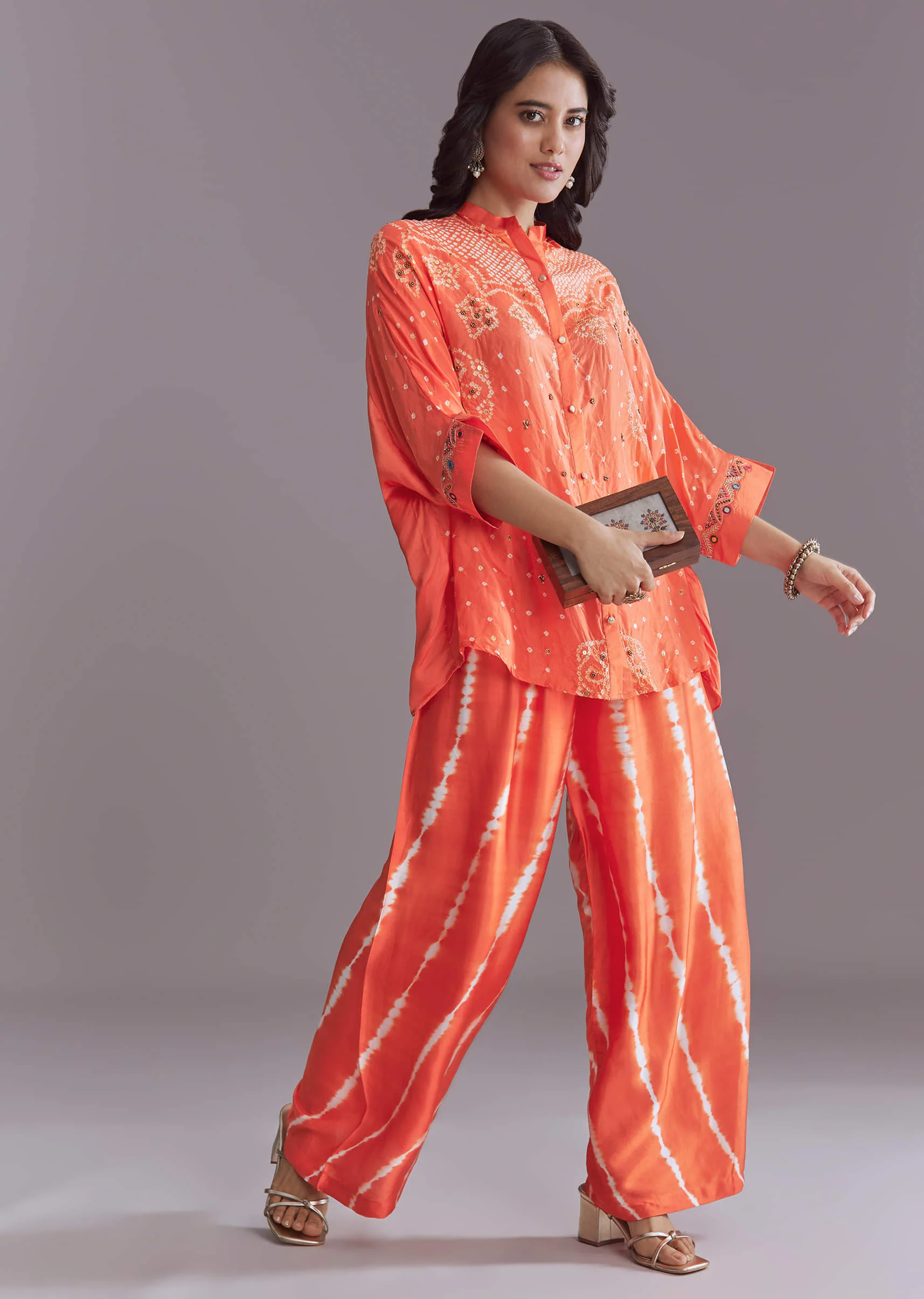 Orange Modal Silk Co-Ord Set With Authentic Bandhani And Leheriya Print - Image 4