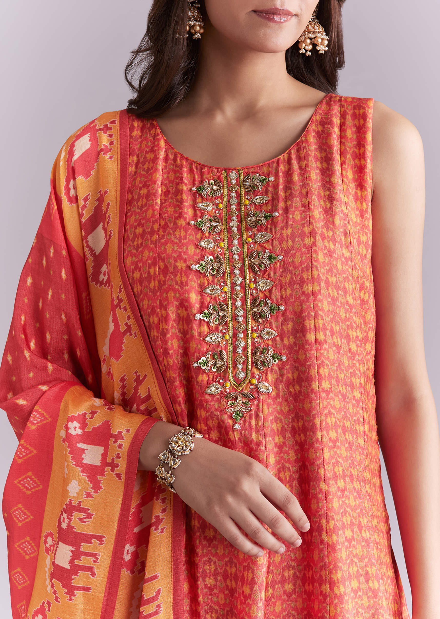 Orange Muslin Anarkali Suit With Indie Print - Image 2