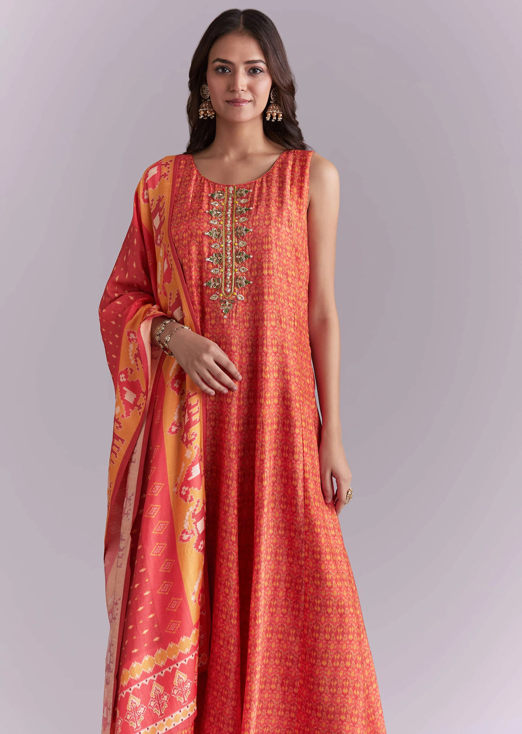 Orange Muslin Anarkali Suit With Indie Print - Image 4