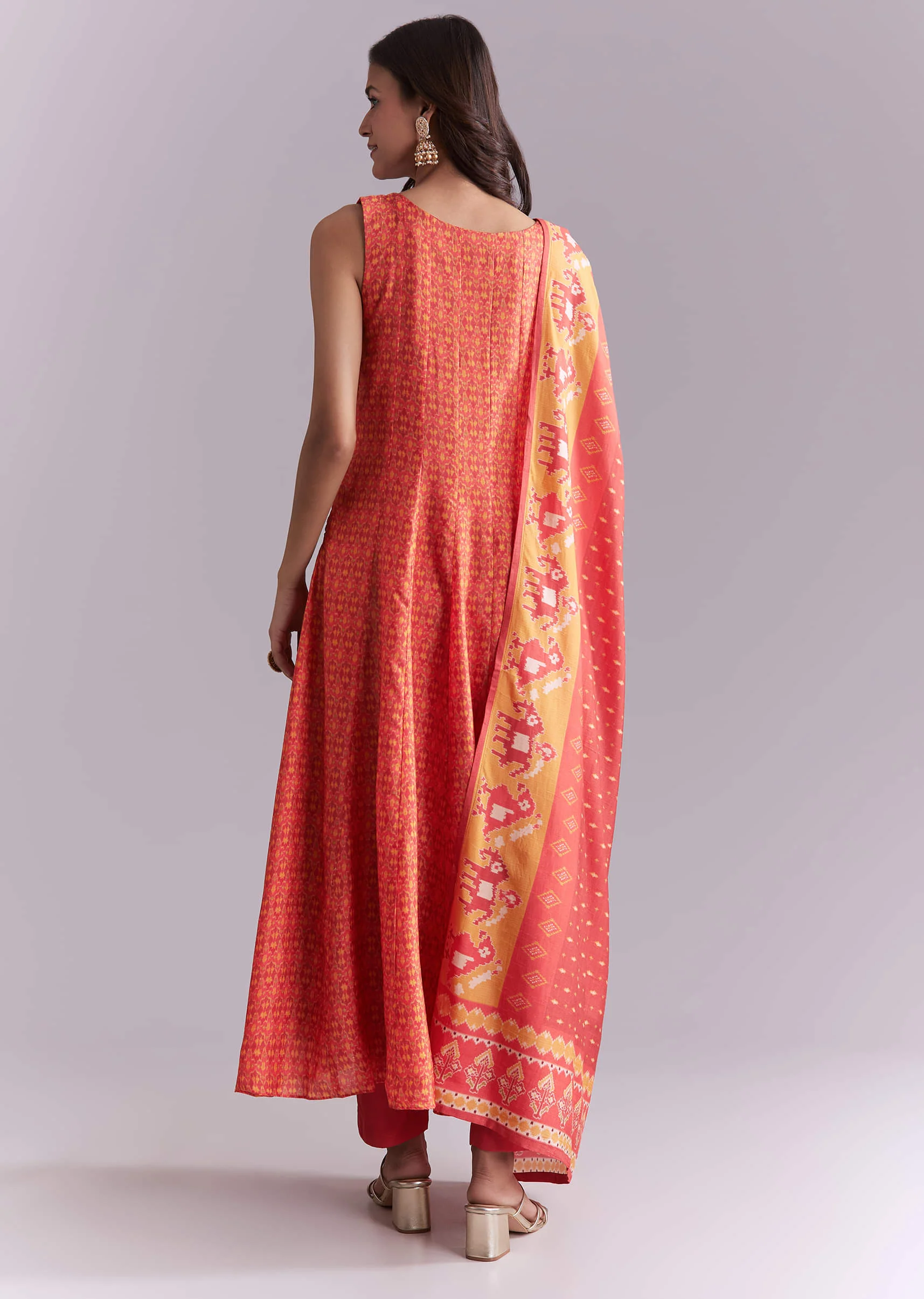 Orange Muslin Anarkali Suit With Indie Print - Image 5