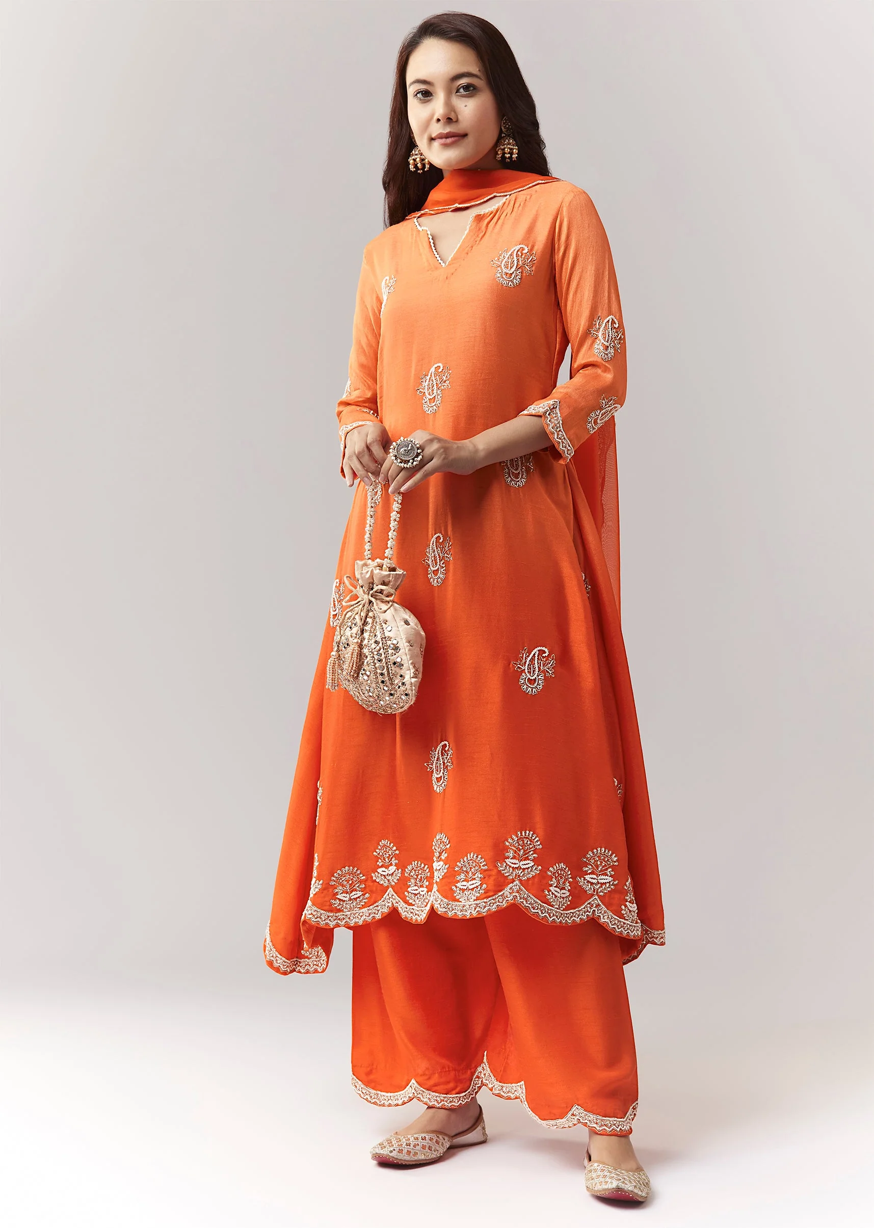 Orange Ombre Moti Gotta Anarkali Palazzo Set With Dupatta - Image 3