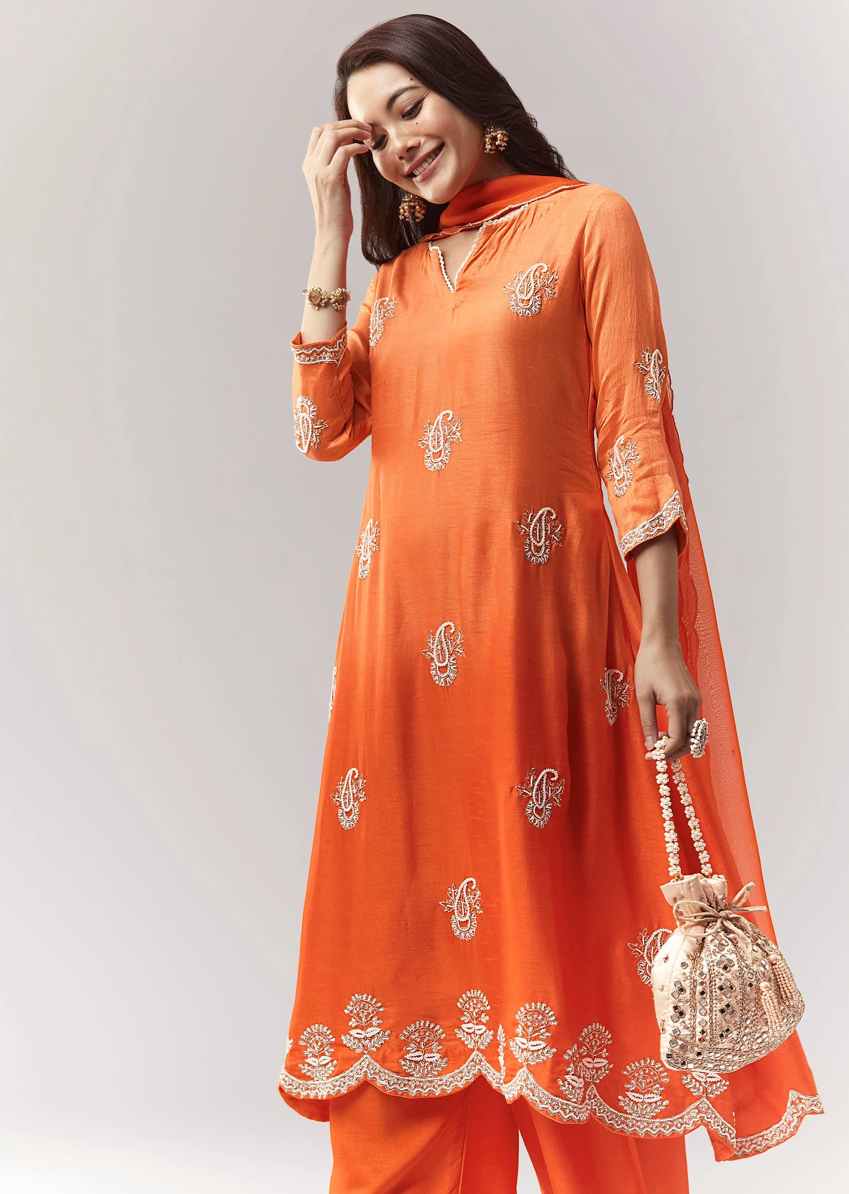 Orange Ombre Moti Gotta Anarkali Palazzo Set With Dupatta - Image 4