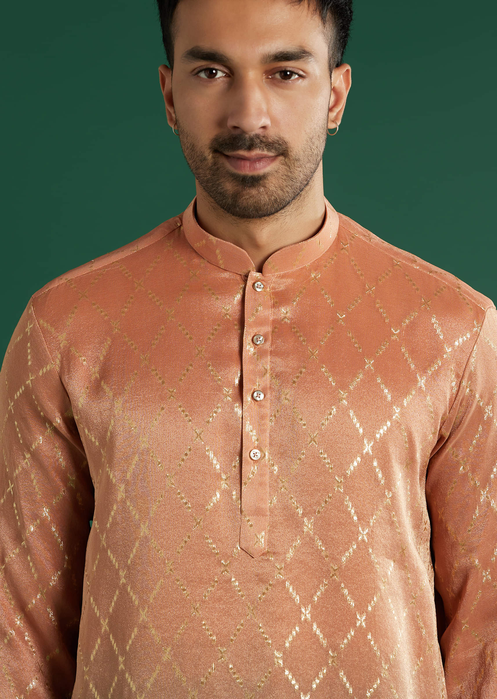 Orange Ombre Silk Kurta Set For Men With Diamond Pattern - Image 2