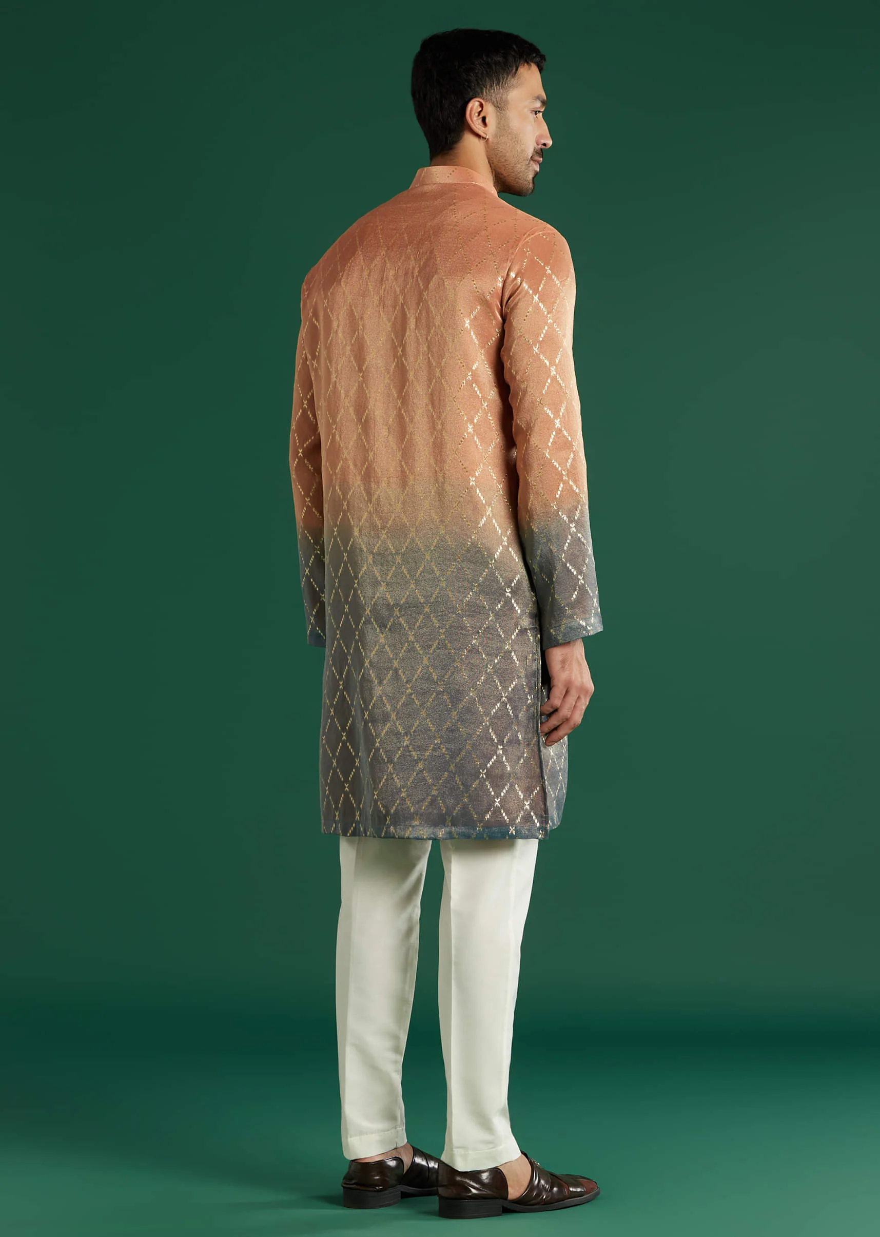Orange Ombre Silk Kurta Set For Men With Diamond Pattern - Image 3