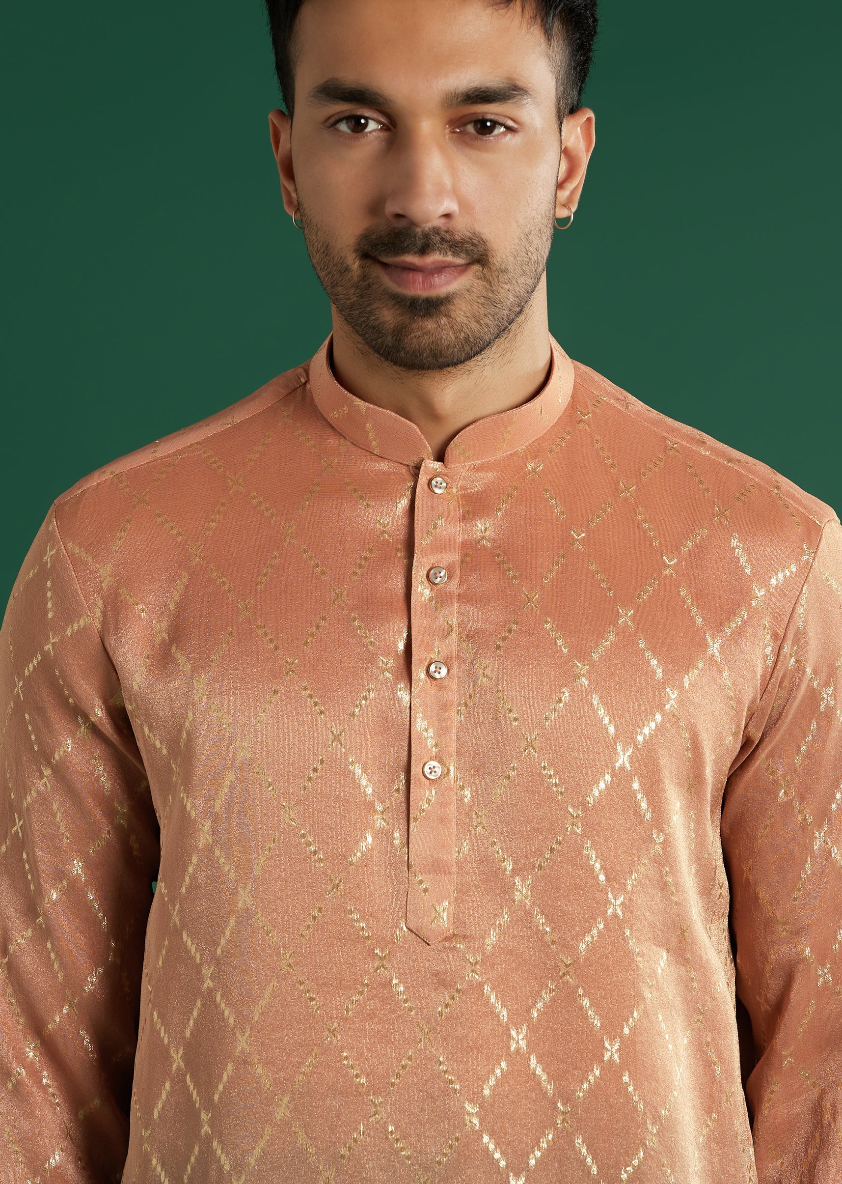 Orange Ombre Silk Kurta Set For Men With Diamond Pattern - Image 4