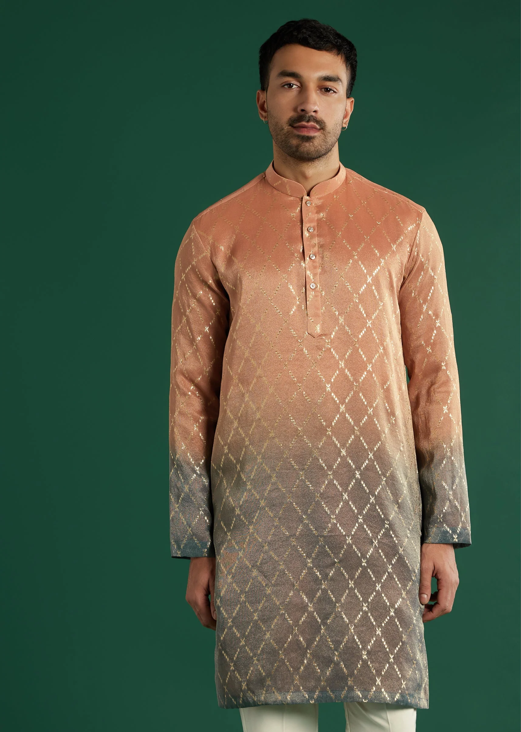Orange Ombre Silk Kurta Set For Men With Diamond Pattern - Image 5