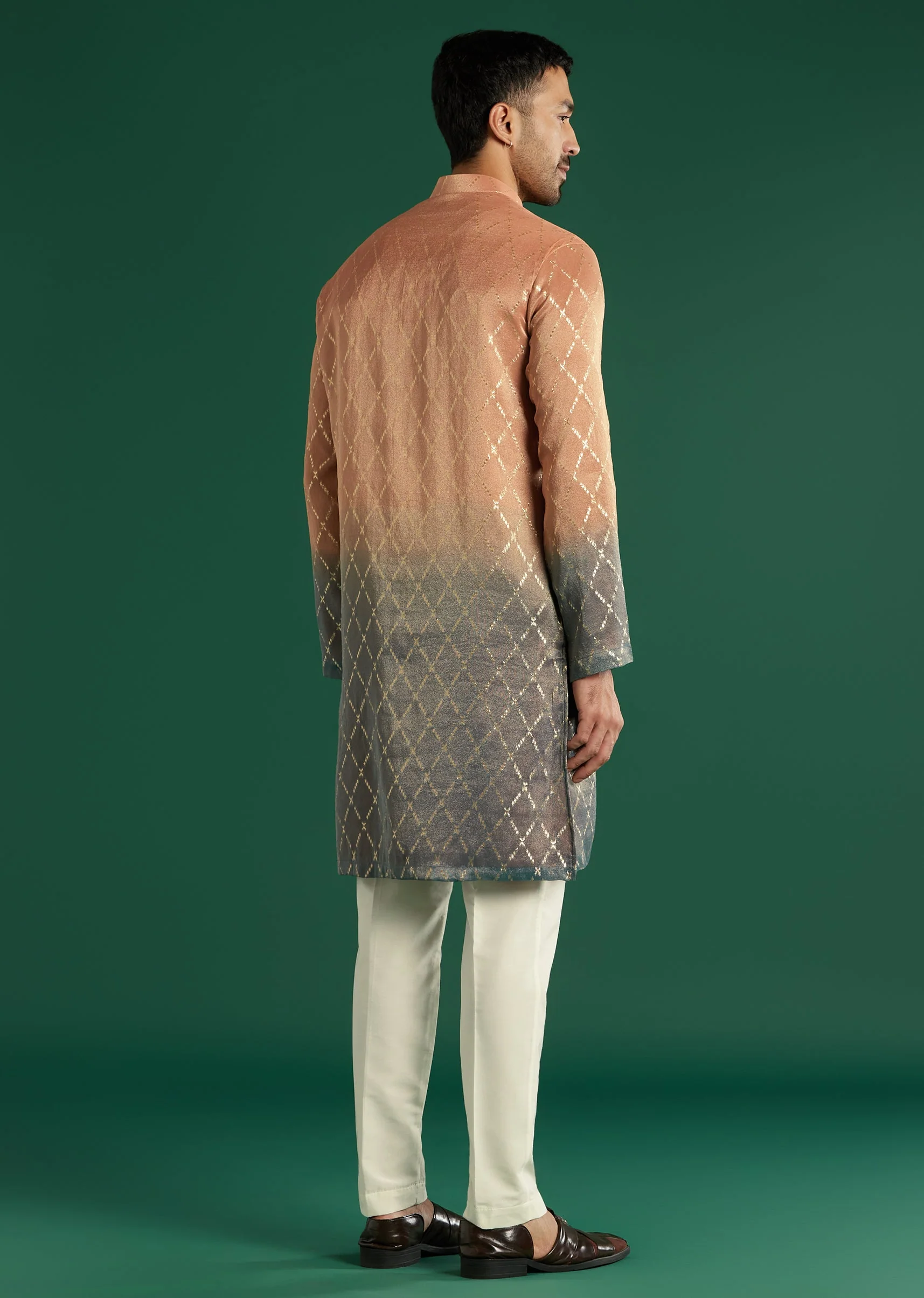 Orange Ombre Silk Kurta Set For Men With Diamond Pattern - Image 6