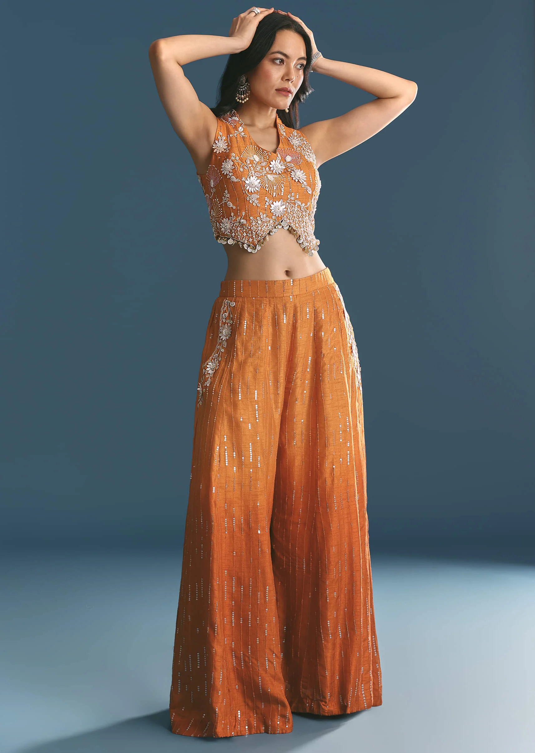 Orange Ombre Silk Palazzo Suit With Cutdana Croptop - Image 3