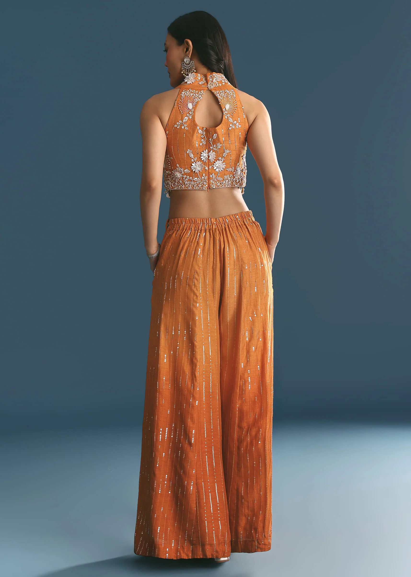 Orange Ombre Silk Palazzo Suit With Cutdana Croptop - Image 5