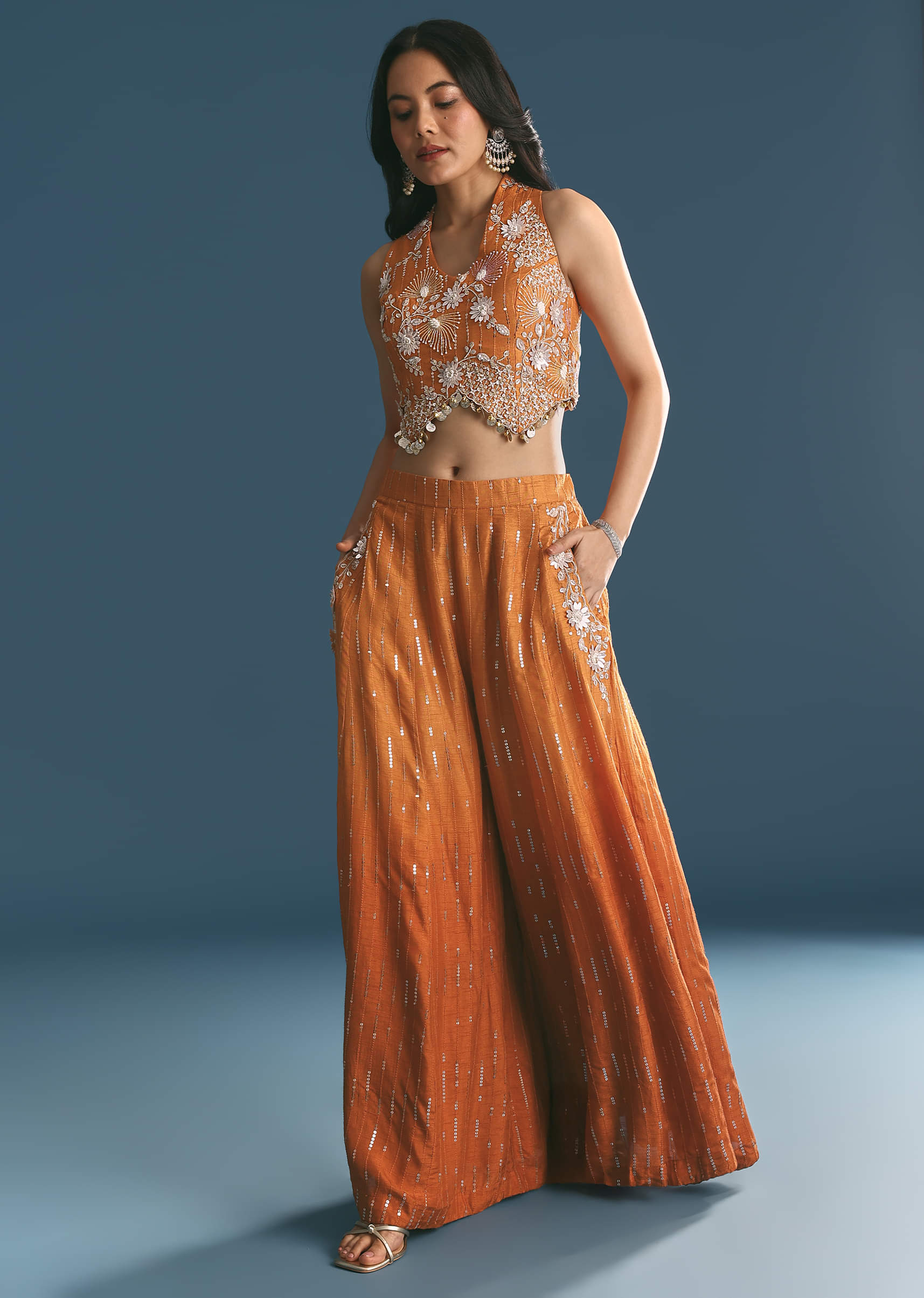 Orange Ombre Silk Palazzo Suit With Cutdana Croptop - Image 7