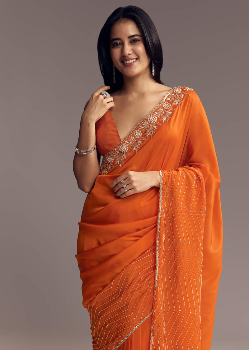 Orange Organza Saree With Zigzag Sequins And Cut Dana Embroidery - Image 4