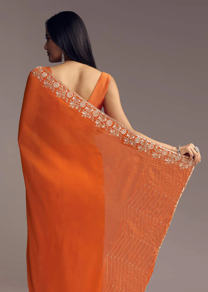 Orange Organza Saree With Zigzag Sequins And Cut Dana Embroidery - Image 5