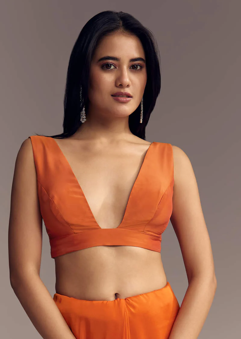 Orange Organza Saree With Zigzag Sequins And Cut Dana Embroidery - Image 6