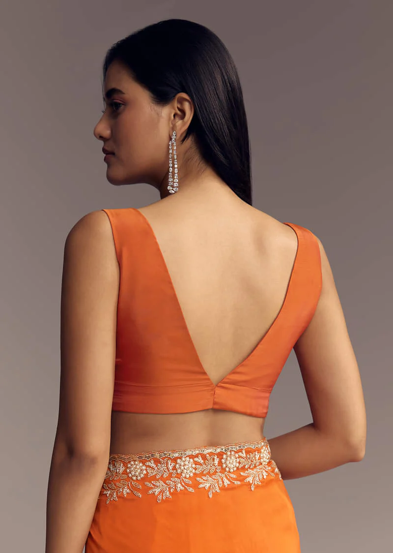 Orange Organza Saree With Zigzag Sequins And Cut Dana Embroidery - Image 7