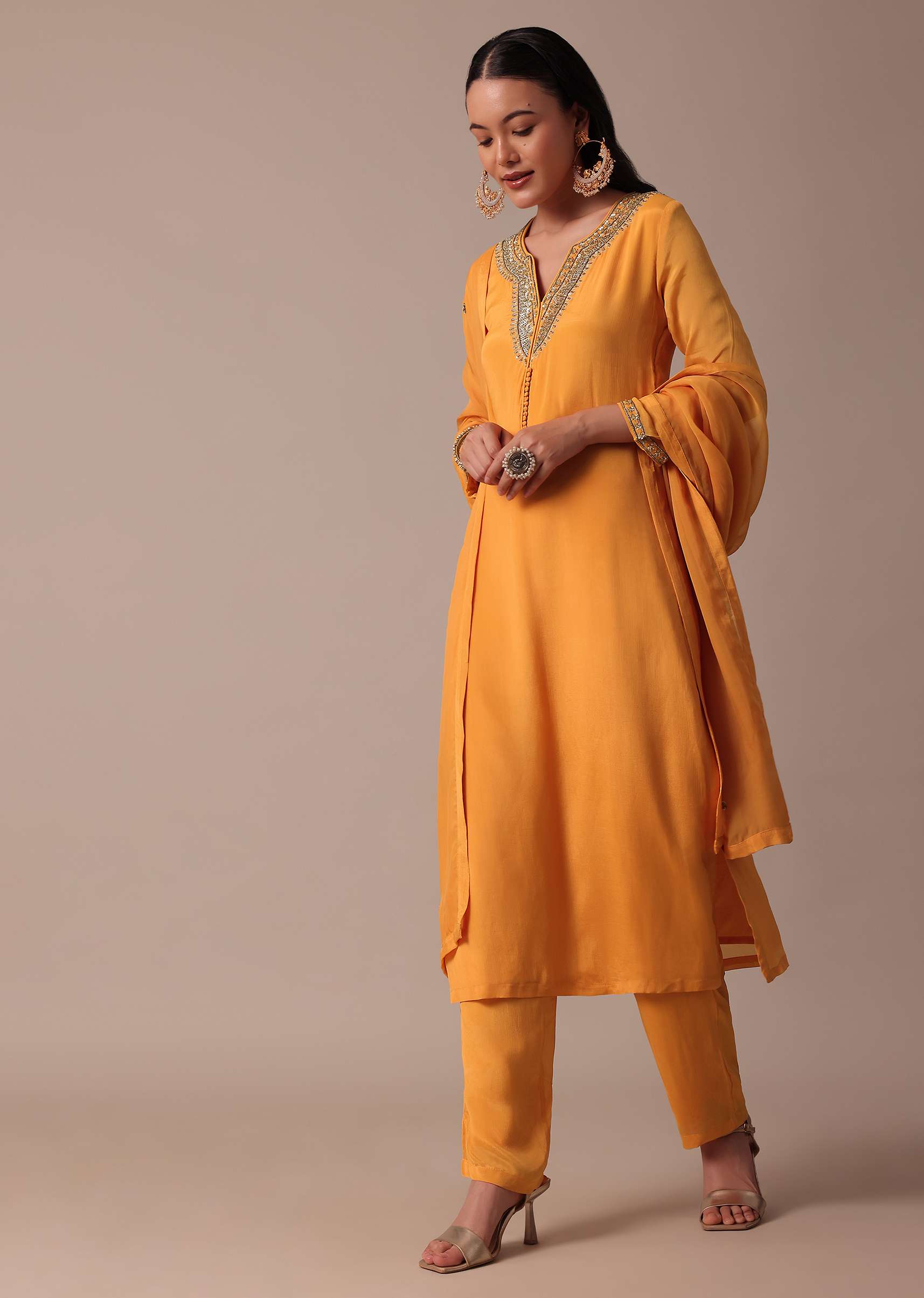 Orange Pant Set With Sequin Work - Image 3