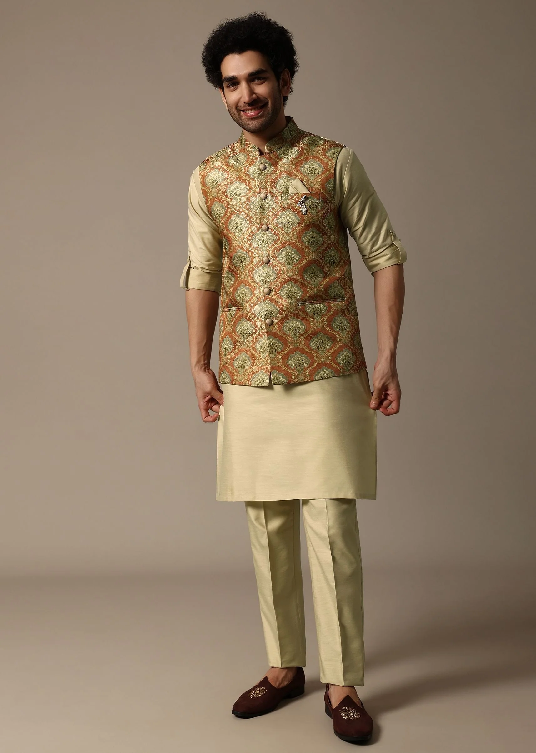 Orange Printed Jacquard Kurta Jacket Set For Men